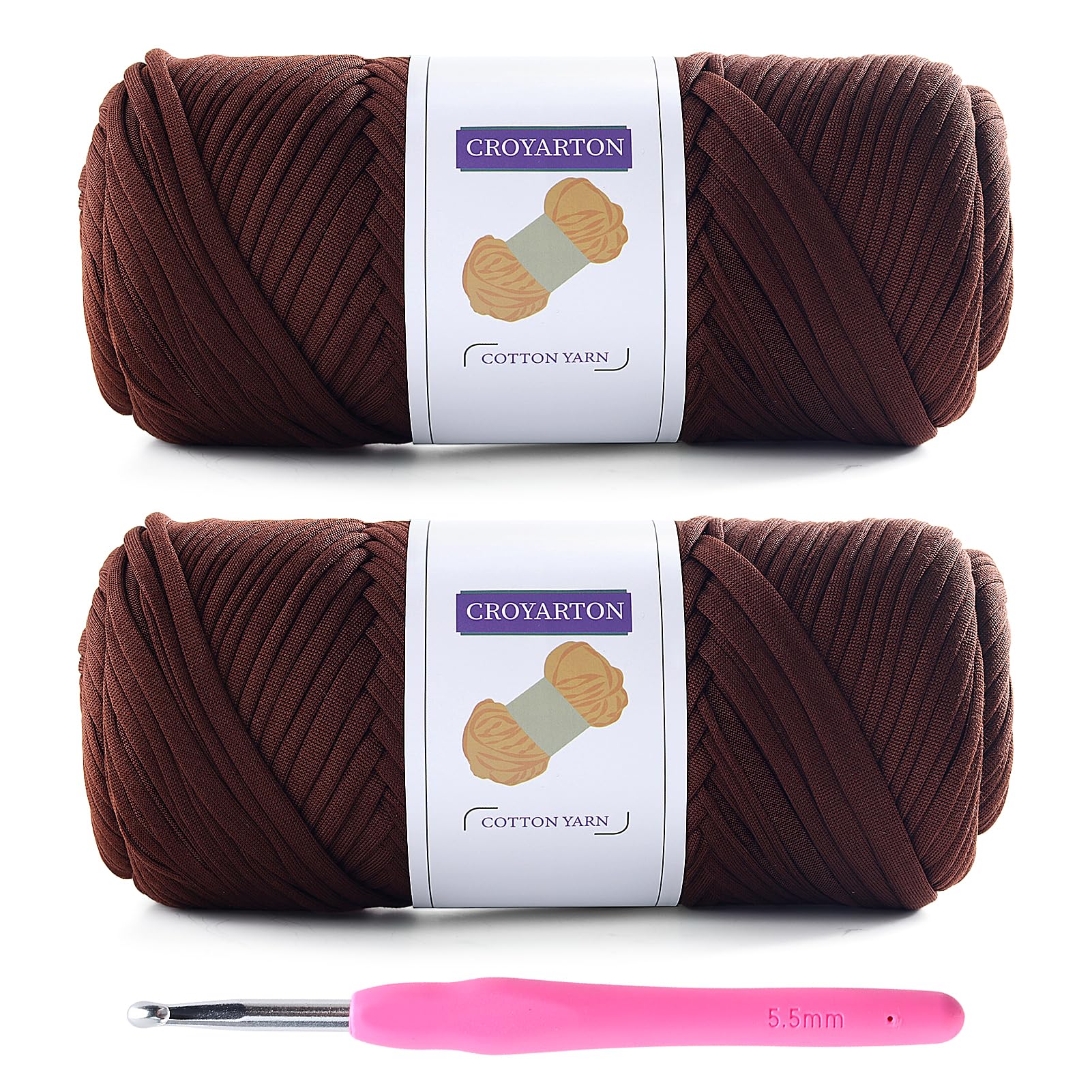 2 Pack T Shirt Yarn for Crocheting with 1 Crochet Hook, Elastic Tshirt Yarn for Crochet Bag/Baskets/Home Decor, Spaghetti Yarn Thick Knitting Yarn Total Length 130 Yds, Weight 14 Oz (Deep Coffee)
