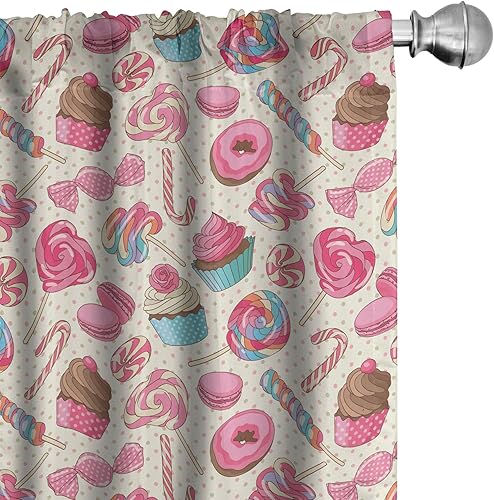 Ambesonne Paquete de 2 cortinas de ventana de bastón de caramelo, con patrón de cupcakes y donas en lunares, juego ligero con bolsillo para barra, 4