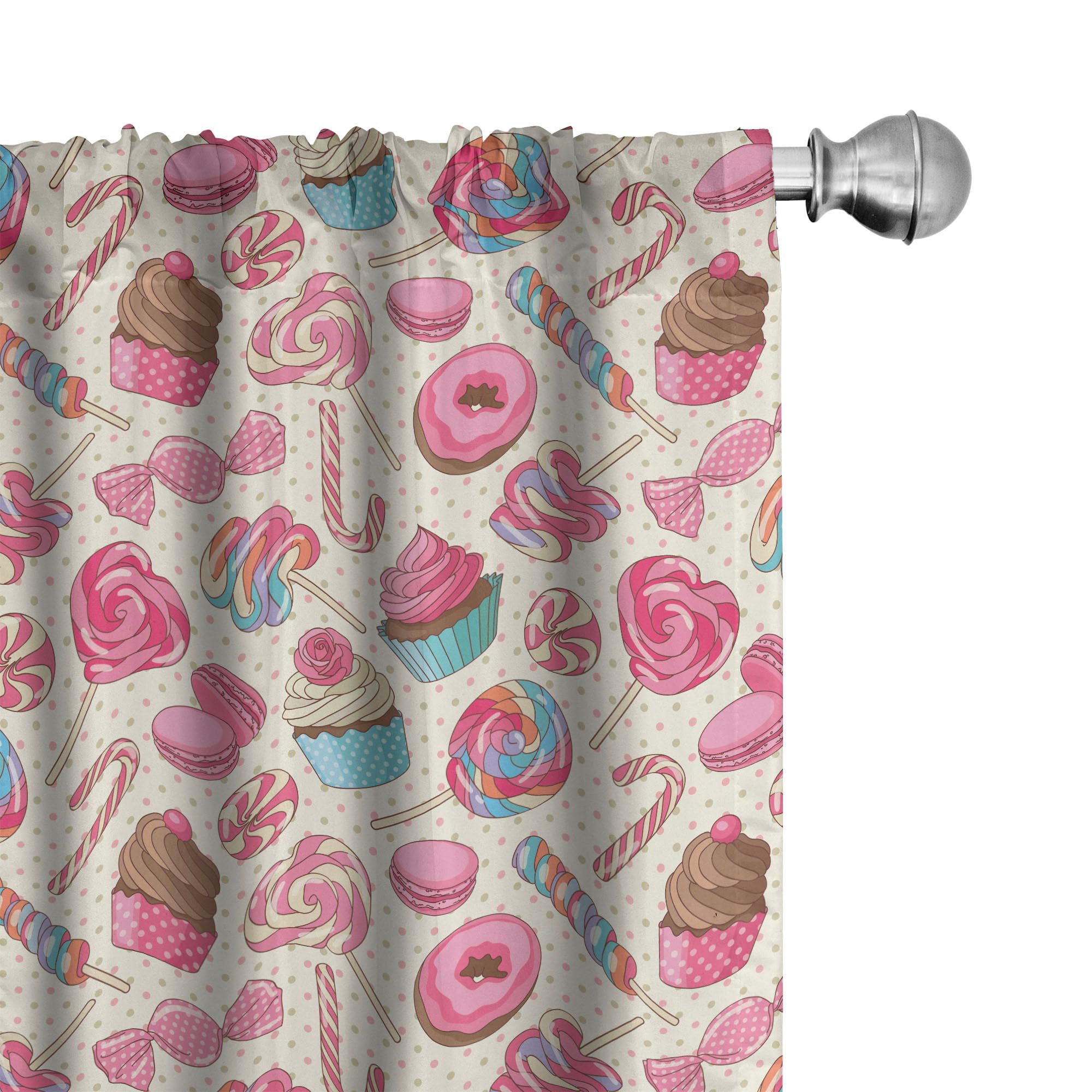 Ambesonne Candy Cane Window Curtains Pack of 2, Yummy Lollipop Candy Macaroon Cupcake and Donut on Polka Dots Pattern, Lightweight Set with Rod Pocket