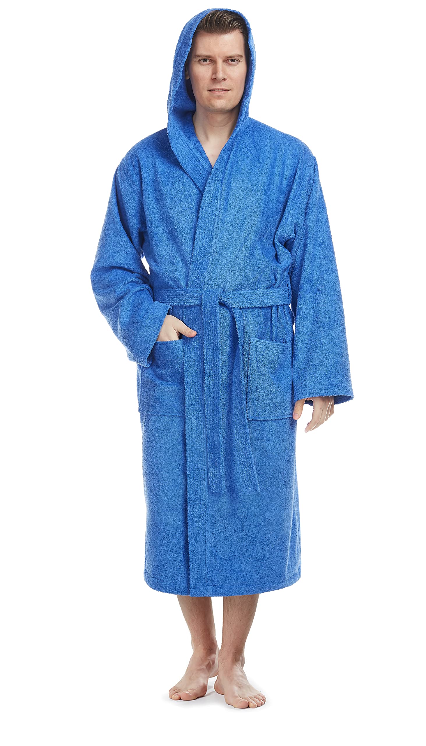 Arus Men's Royal Blue Bathrobe With Hood, 100% Cotton Terry, Calf-Length, Xxl-3Xl,