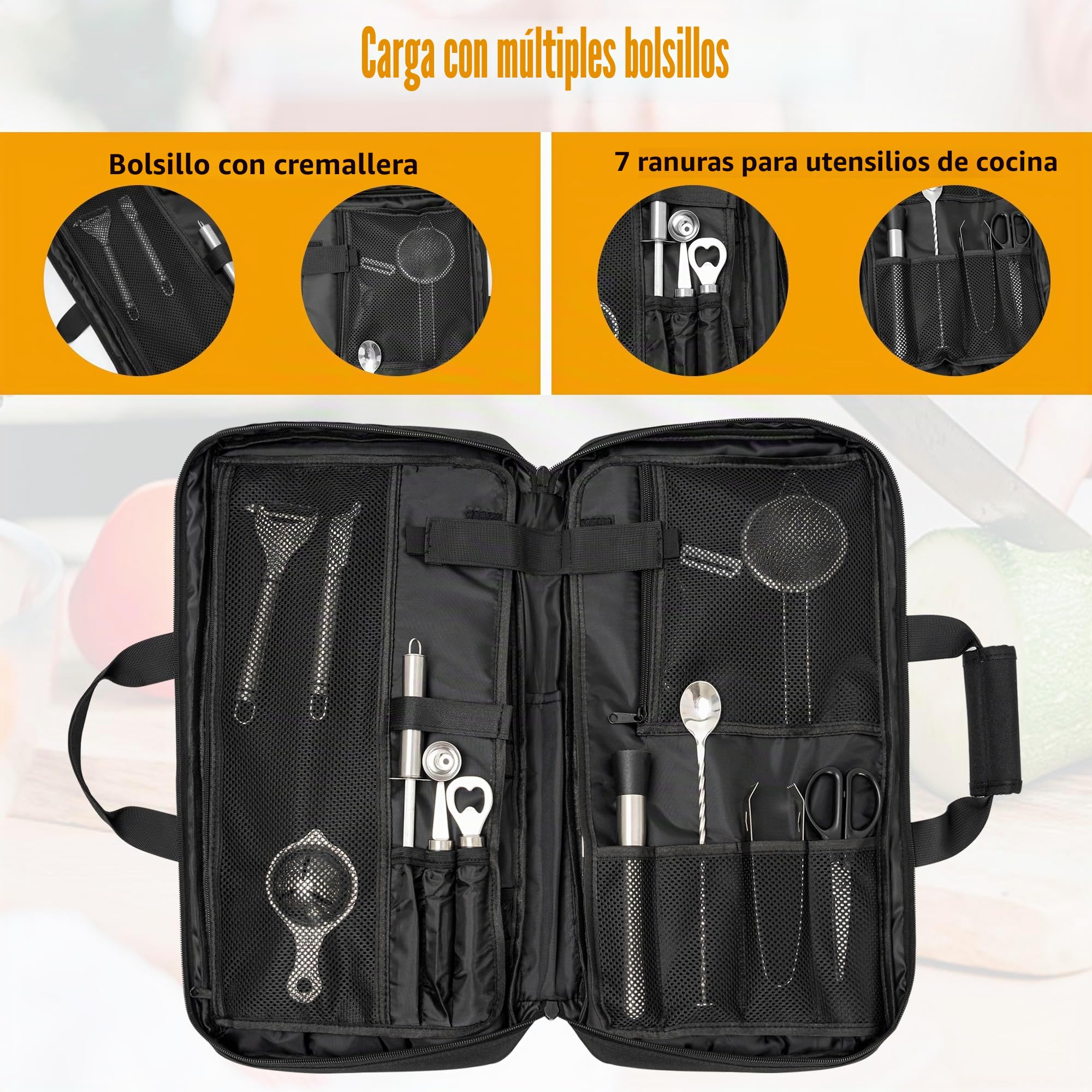 Funda para Cuchillos de Cocina, 16 Compartimentos | Portátil y Profesional con Asa y Correa de Hombro, 53 x 25 x 6 cm, Negra