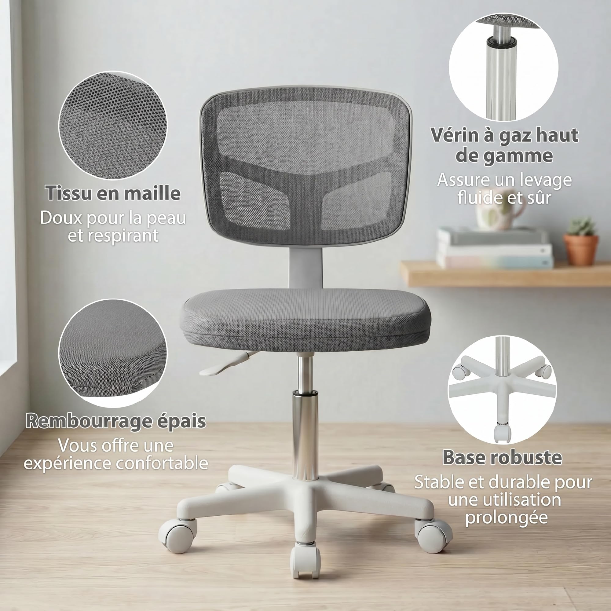 Vinsetto Ergonomischer Bürostuhl ohne Armlehnen, drehbar, Grau | Bürostuhl, gebogene Rückenlehne aus Netz, Rollen, höhenverstellbar, für Schminktisch, Schlafzimmer