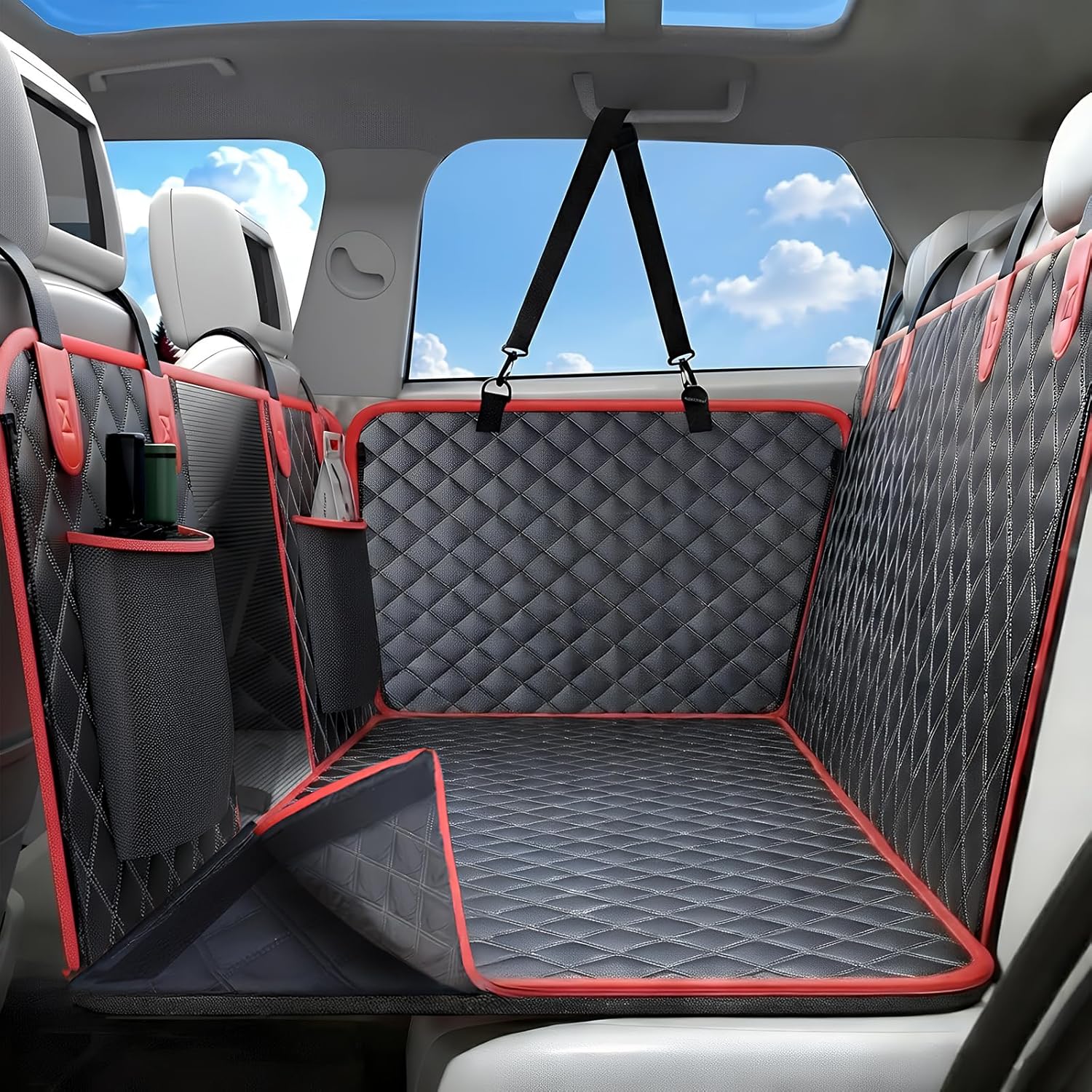 2-Layer Dog Car Seat Cover for Back Seat, Hard Bottom Car Seat Protector for Large Dogs, Anti Scratch Backseat Extender, Waterproof Hammock in Car, for Car/SUV/Small Truck