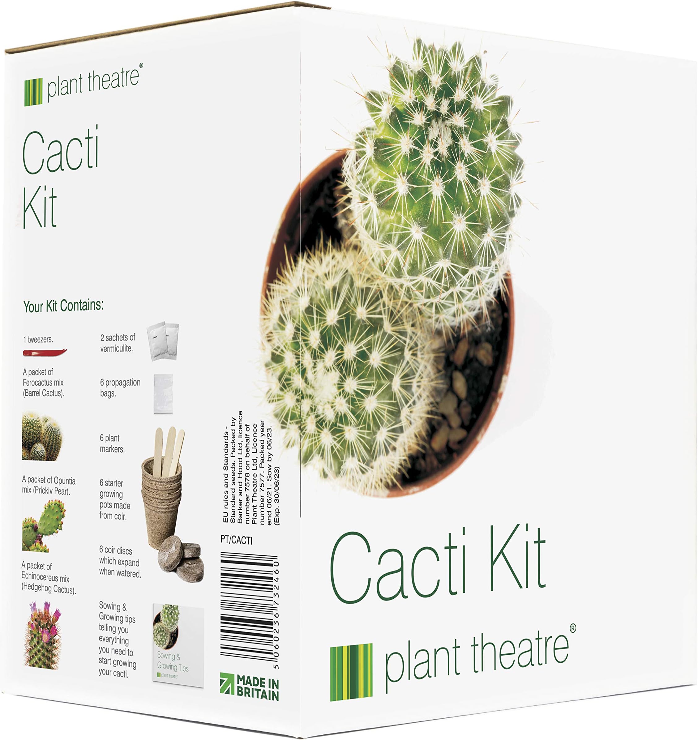 Plant Theatre Cactus Kit - Grow Your Own Kits Indoors & Outdoors - 3 Varieties of Cacti Seeds with Tweezers, Pots, Peat Blocks and Planting Markers