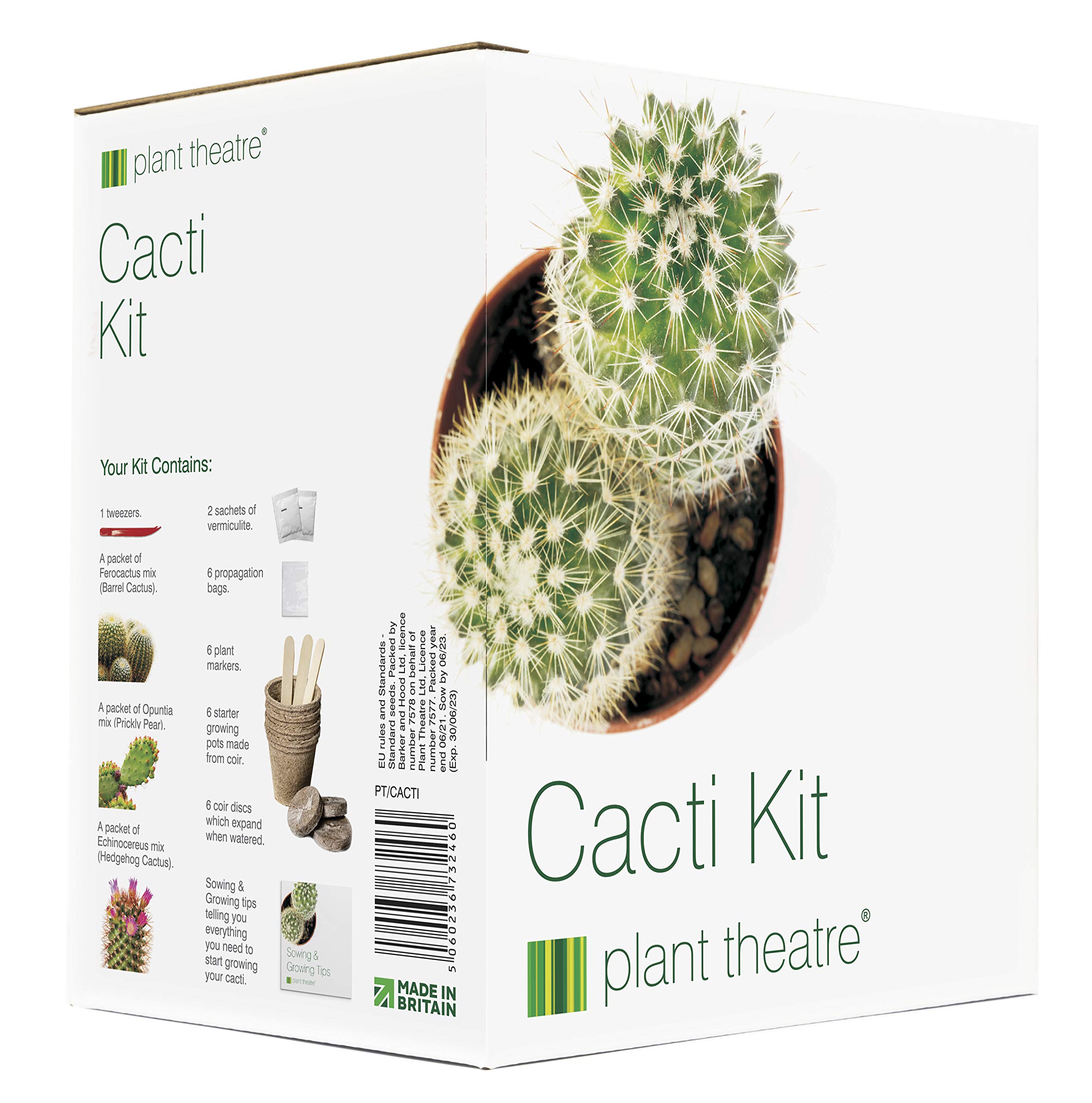 Plant Theatre Cactus Kit - Grow Your Own Kits Indoors & Outdoors - 3 Varieties of Cacti Seeds with Tweezers, Pots, Peat Blocks and Planting Markers
