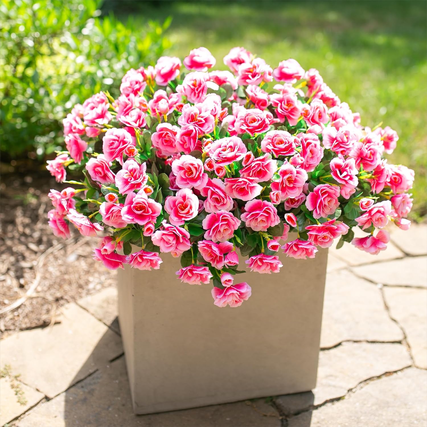 HyeFlora Artificial Faux Outdoor Flowers Plants for Spring Summer Decoration, Fake Silk Camellia UV Resistant Look Real for Planter Outside Front Door Porch Patio Balcony, 3 Large Bundles - Image 2