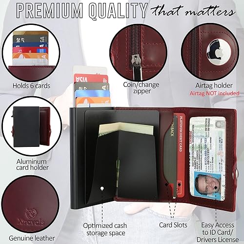 Miniatura 3 de Xtravals Billeteras de cuero genuino minimalista con bloqueo RFID para hombres con bolsillo con cremallera con 10 ranuras para tarjetas