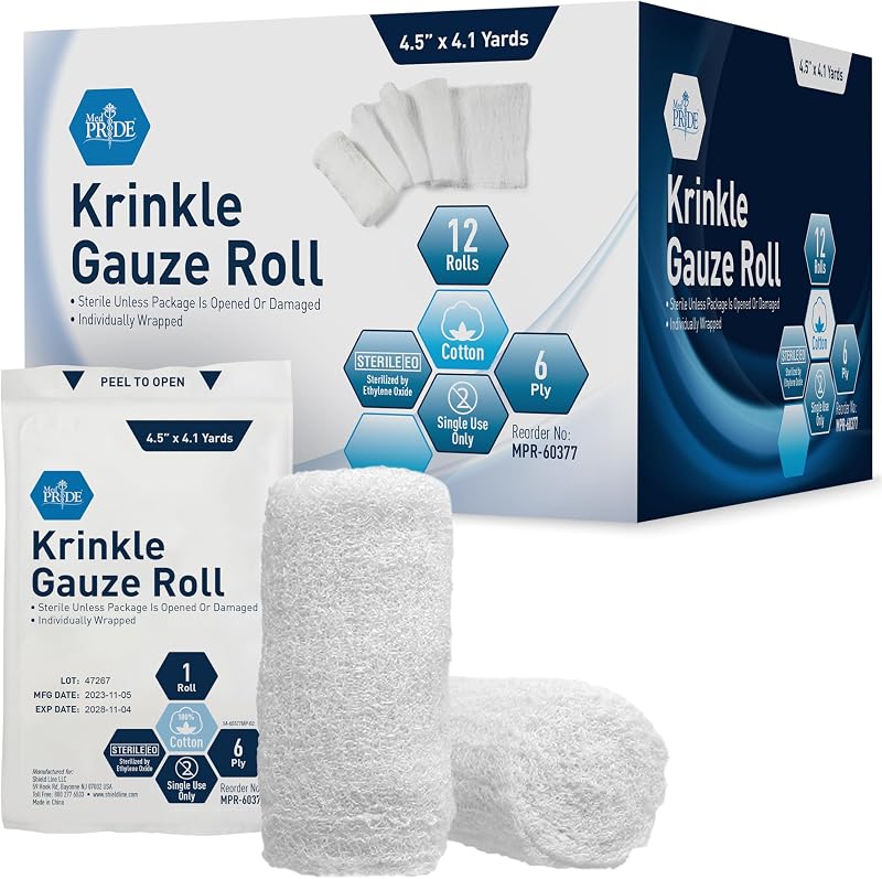 MED PRIDE Sterile Krinkle Gauze Roll,6-Ply Cotton,4.5 in x 4.1 yd,12-Pack
