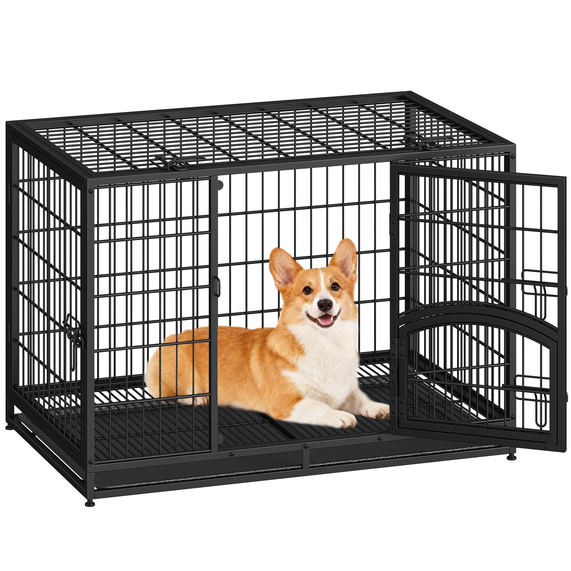 Fobyfurny Heavy Duty Dog Crate, 4-Door Metal Dog Cage, 93 x 57.5 x 64 cm, Dogs Cage with Side Door and Removable Tray, Easy to Clean, Large Pet Cages, Indoor Dogs Crate, Black, FPDC101FB1