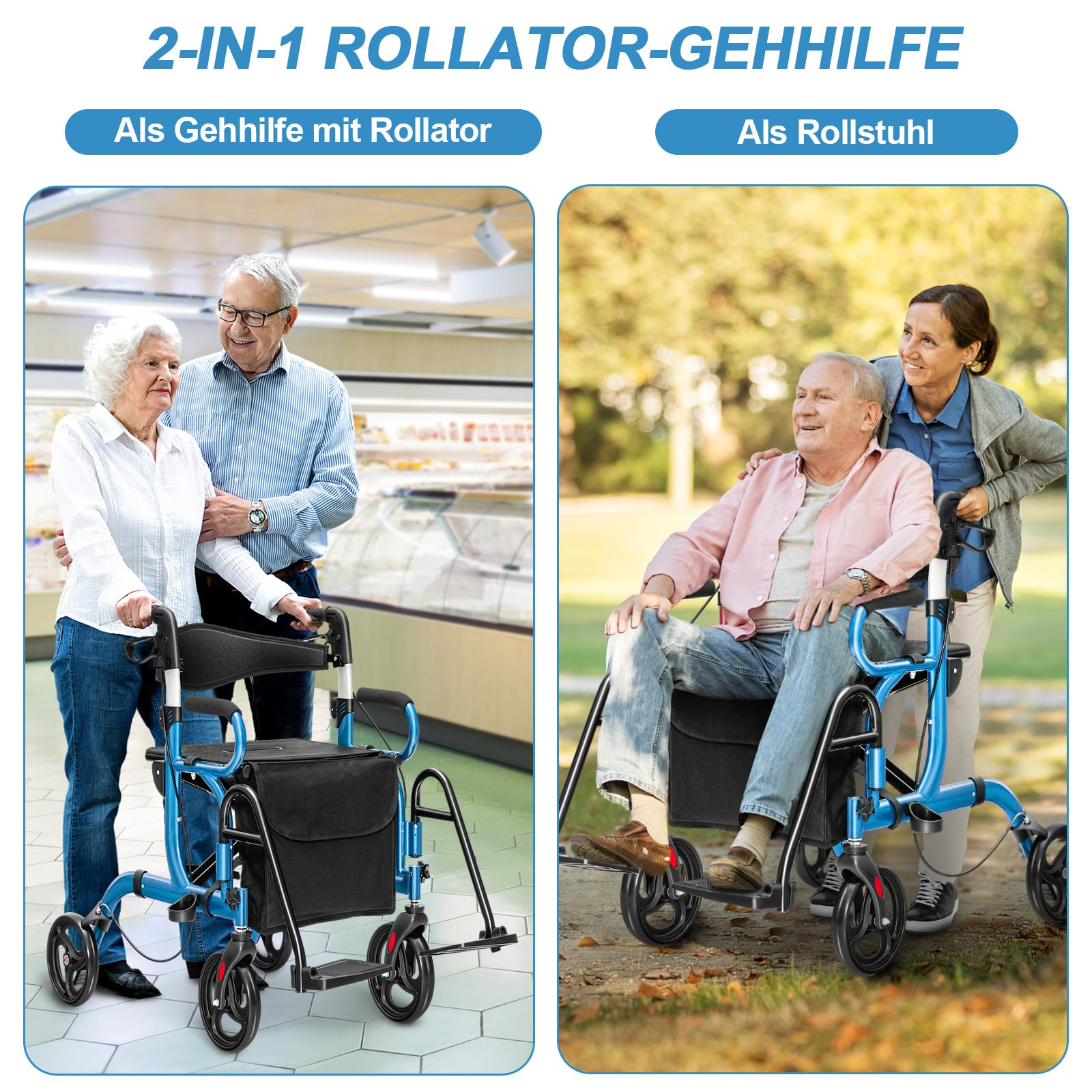 GOPLUS Składany rollator 2 w 1, pomoc w chodzeniu z regulacją wysokości, oparciem, siedziskiem i torbą, pomoc w chodzeniu, lekki chodzik z aluminium do 160 kg, składany wózek inwalidzki, rollator