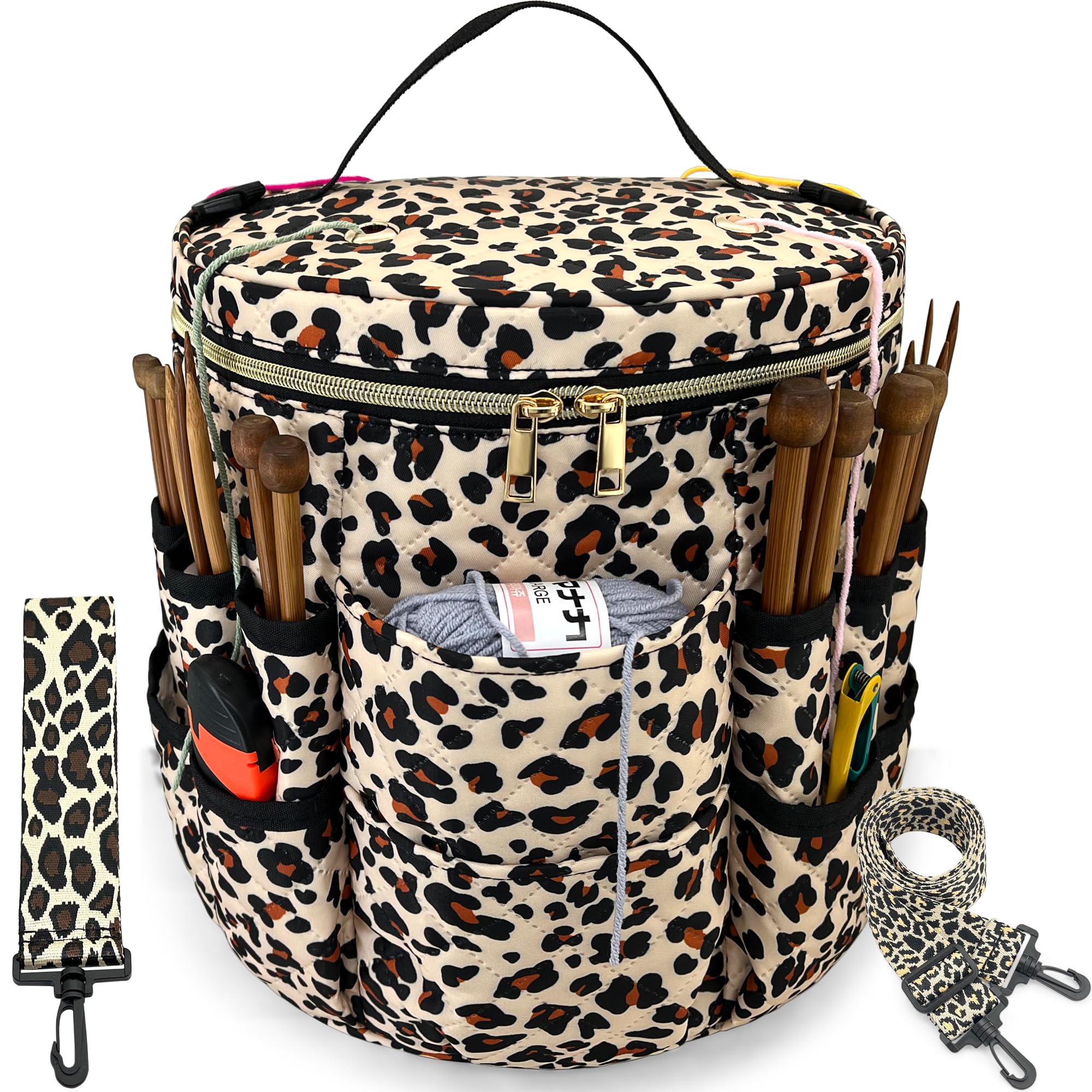 Crochet Bag Storage for Yarn - Durable Knitting Project Organizer with Multiple Pockets Removable Strap - 26L Quilted Craft Tote for Hooks Needles and