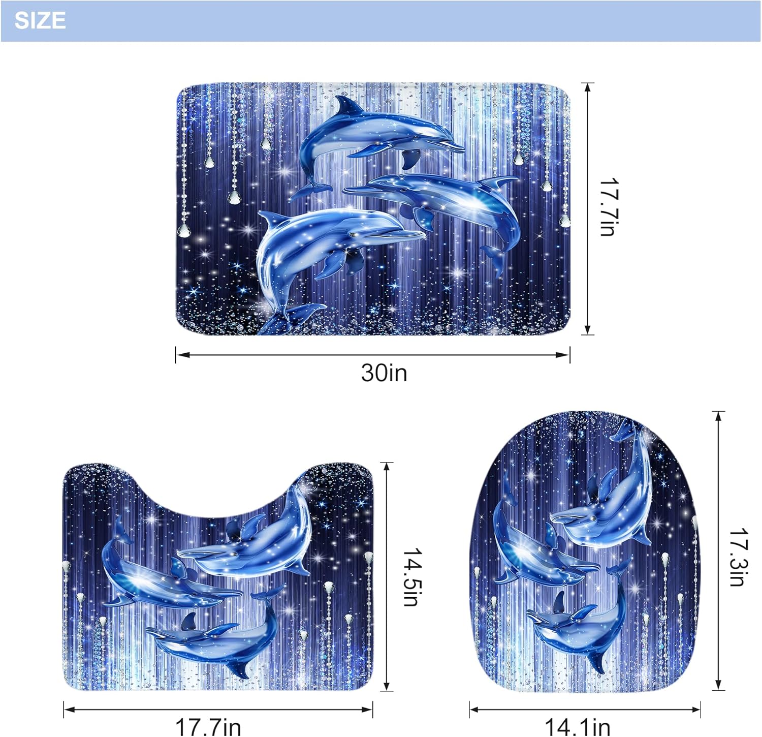 Riyidecor Diamond Dolphin Blue Silver 4Pcs Bathroom Shower Curtain Sets Ocean Sparkle Bathroom Decor Set with Rugs and Accessories Sea Animals Toilet Lid Rug, Contour and Bath Mat with 12 Hooks