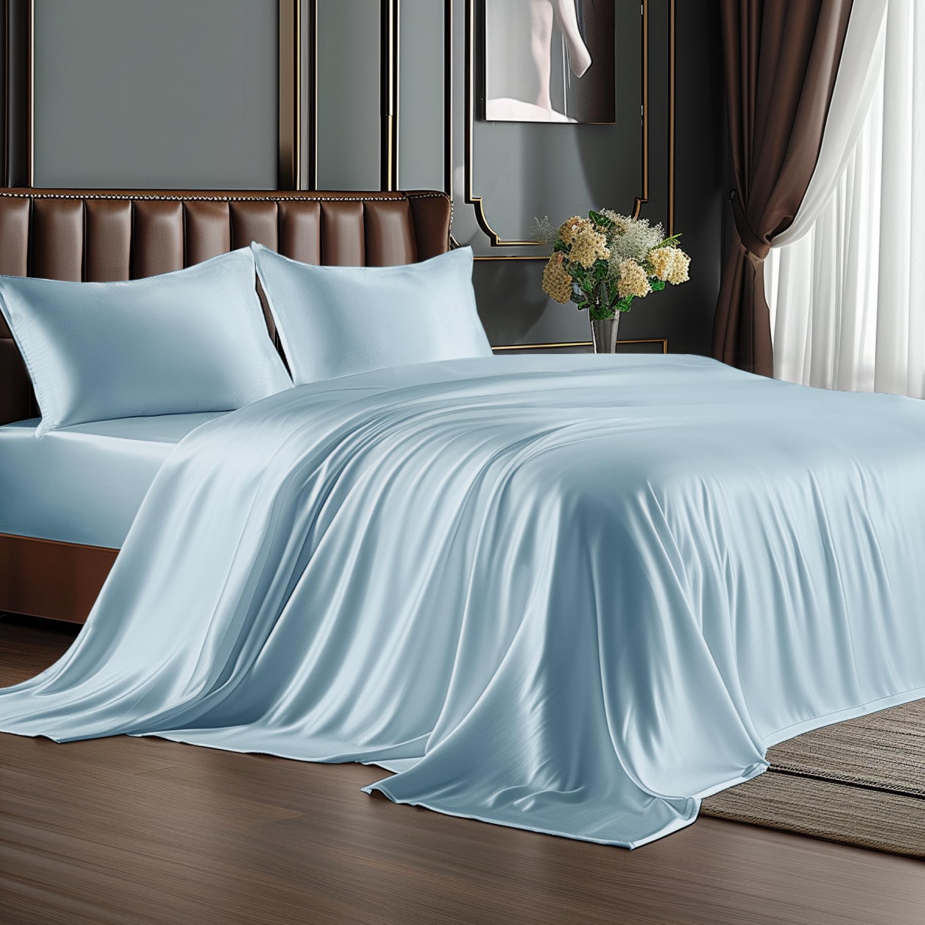 BEDELITE King Size Sheets Set, Luxury Soft Light Blue Satin Sheets for Hair and Skin, Similar to Silk Bed Sheets Set 4 Pieces with 1 Deep Pocket Fitted Sheet, 1 Flat Sheet, and 2 Pillowcases