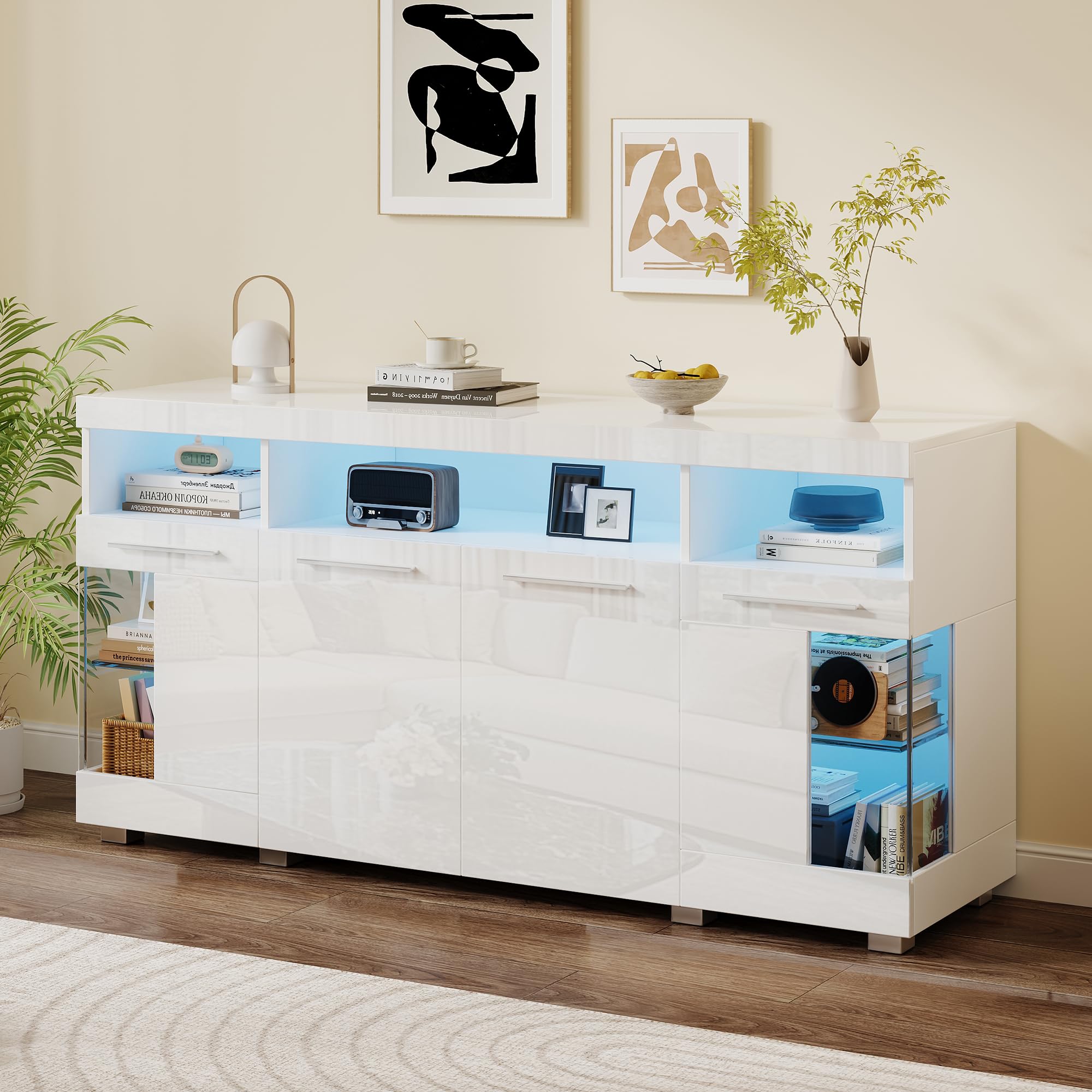 Merax Dressoir met ledverlichting, wit hoogglans, opbergkast, bijzetkast met 2 deuren, open planken, modern dressoir, keukenblok, kast voor eetkamer, woonkamer, keuken, 108 x 92 x 40 cm