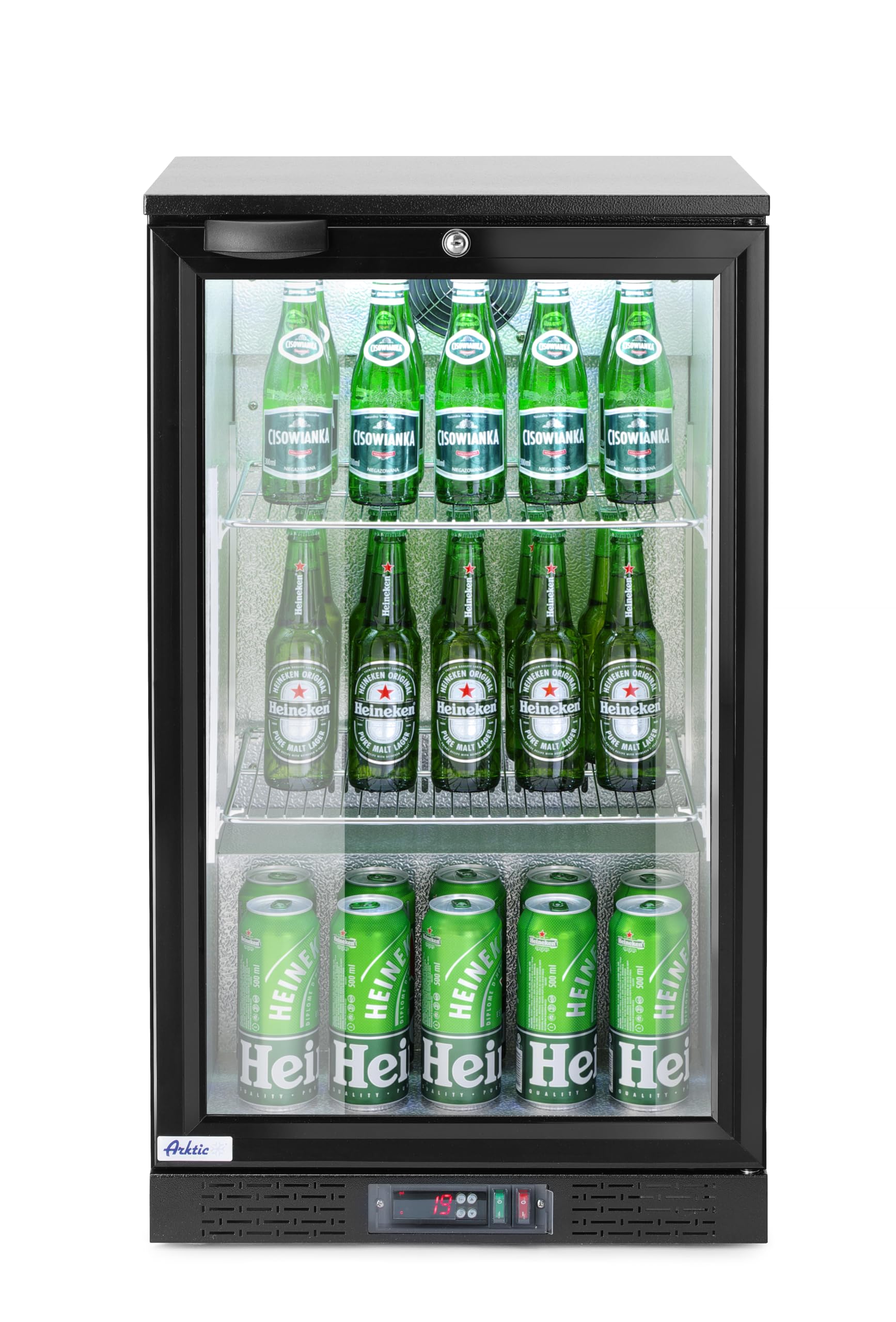 HENDI Refrigerador bajo mostrador para bebidas Arktic, 1 puerta, 86L, 0 a 10°C, 220-240V, 120W, 500x530x(H) 865mm, acero con recubrimiento en polvo negro