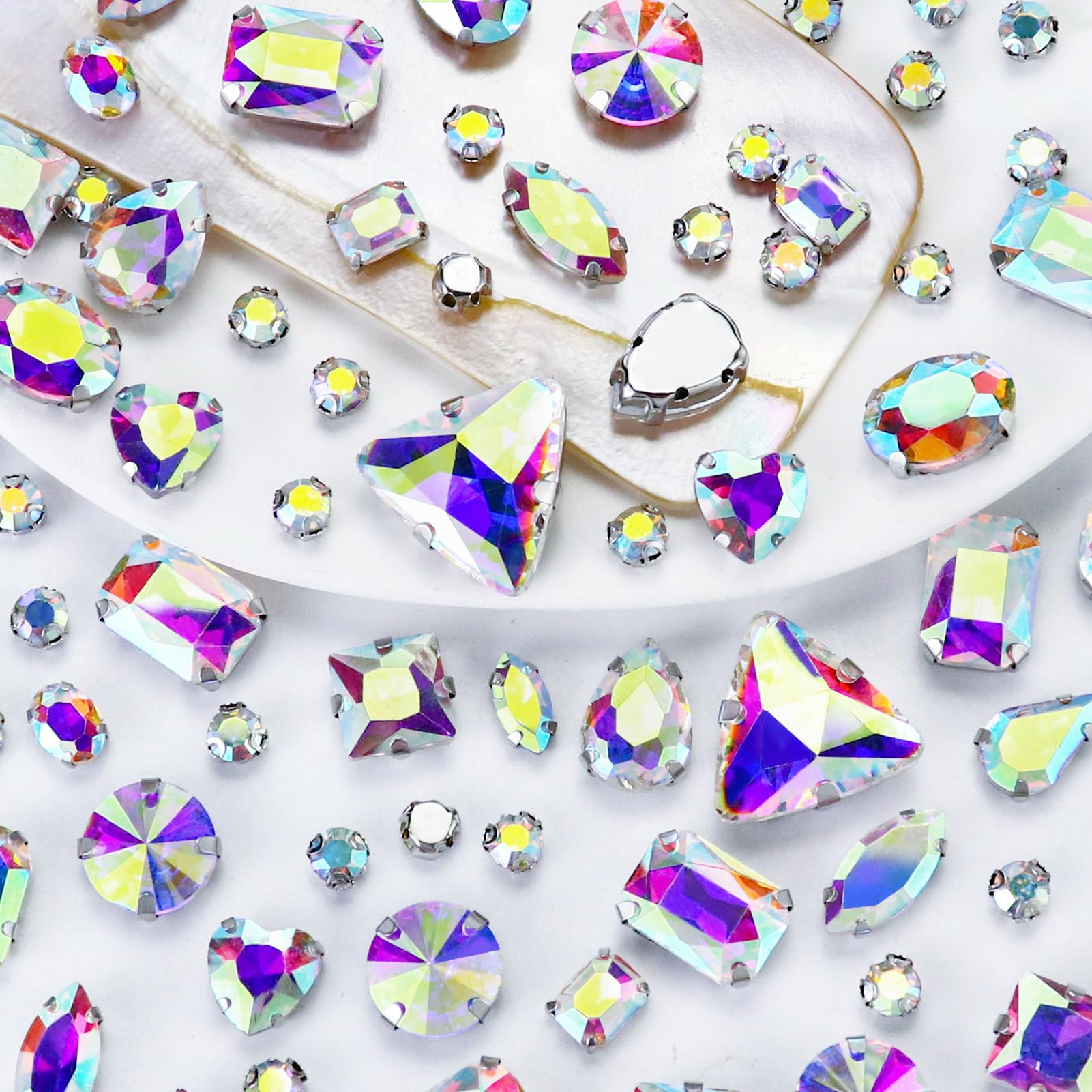 Dowarm Sew on Rhinestones 104 PCS Mixed Shapes Glass Sew on Crystals for Crafts Metal Flatback Claw Gemstones for Jewelry Making Costumes Clothes Garment, Crystal AB