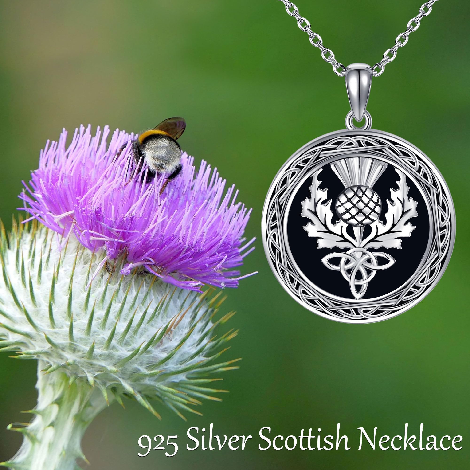 Schottische Distel Halskette Sterling Silber Schwarzer Onyx Keltischer Anhänger Neckalce für Frauen Schottischer Distelschmuck für Frauen