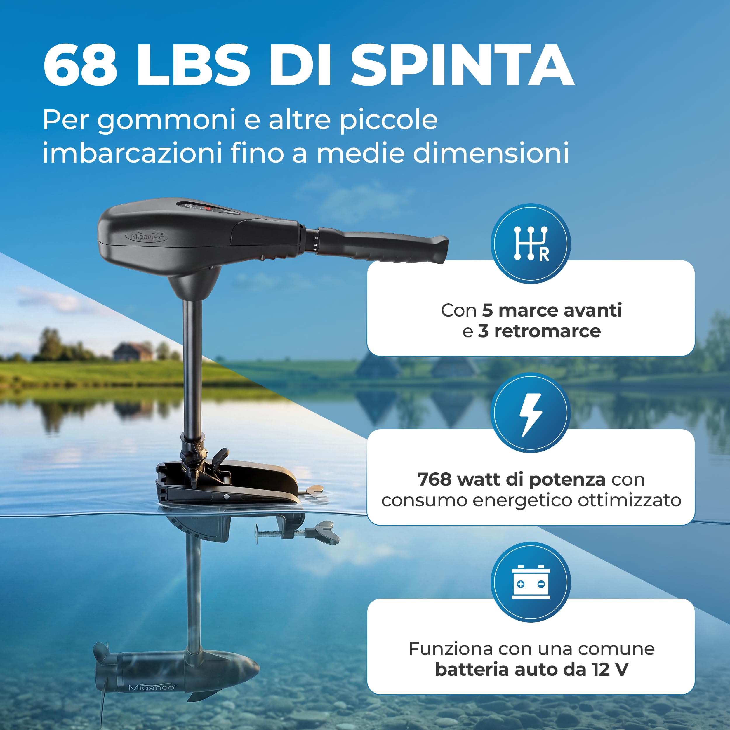Miganeo Motore Elettrico Barca TRS 68 lbs – Motore Fuoribordo Elettrico 768W 12V – Adatto Acqua Salata con Indicatore LED – per Gommoni – 5 Marce Avanti & 3 Retromarce