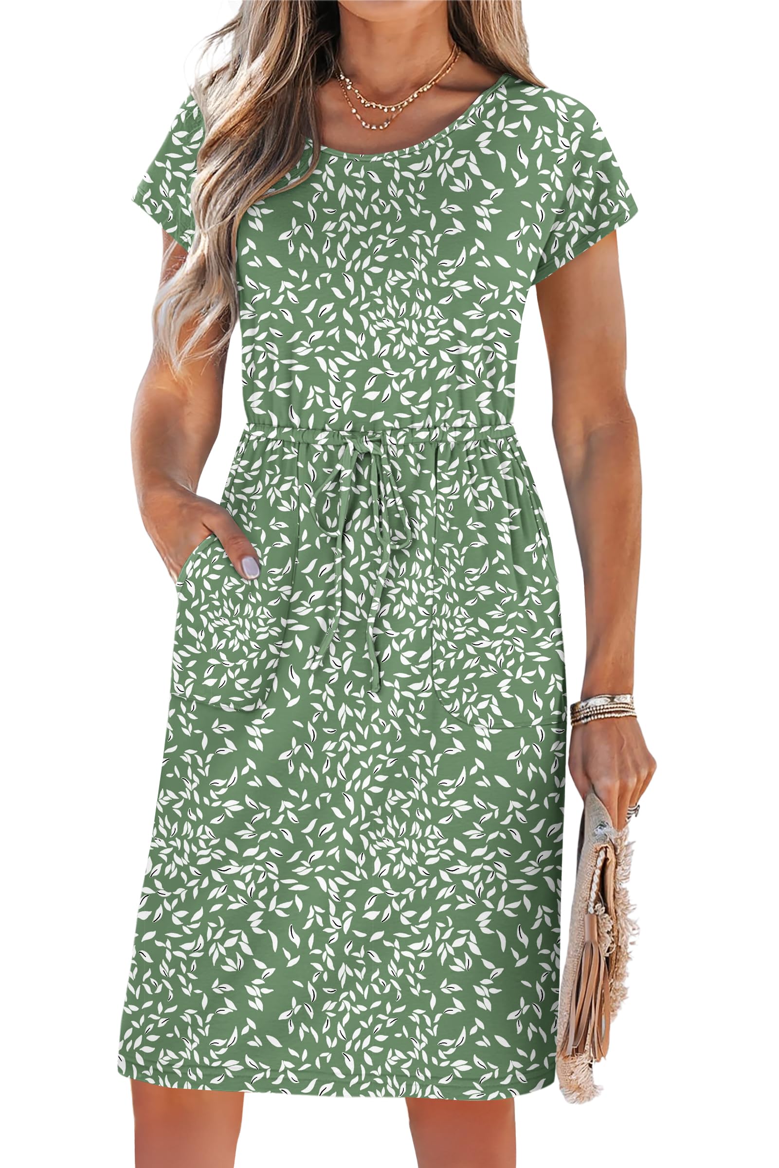 PLOKNRD Damen Sommerkleid Kurzarm Kordelzug Hohe Taille Knielang Kleider Elegant Luftig Strandkleid Midikleid mit Taschen
