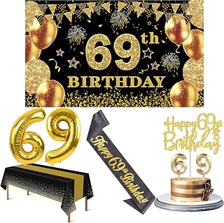 69th Birthday Decorations Men Women with 69th Birthday Banner, Black and Gold Table Cloth, Number Balloons, Large Sash, Cake Topper and Candles
