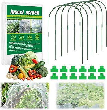 10 X 33 FT Garden Mesh Netting Kit Pest Barrier for Raised Beds with Hoops | Fruit Tree Netting with 6 Sets Garden Hoops & 20 Clips for Cicadas Bird Insect, Blueberry Bush Cover for Garden Protection