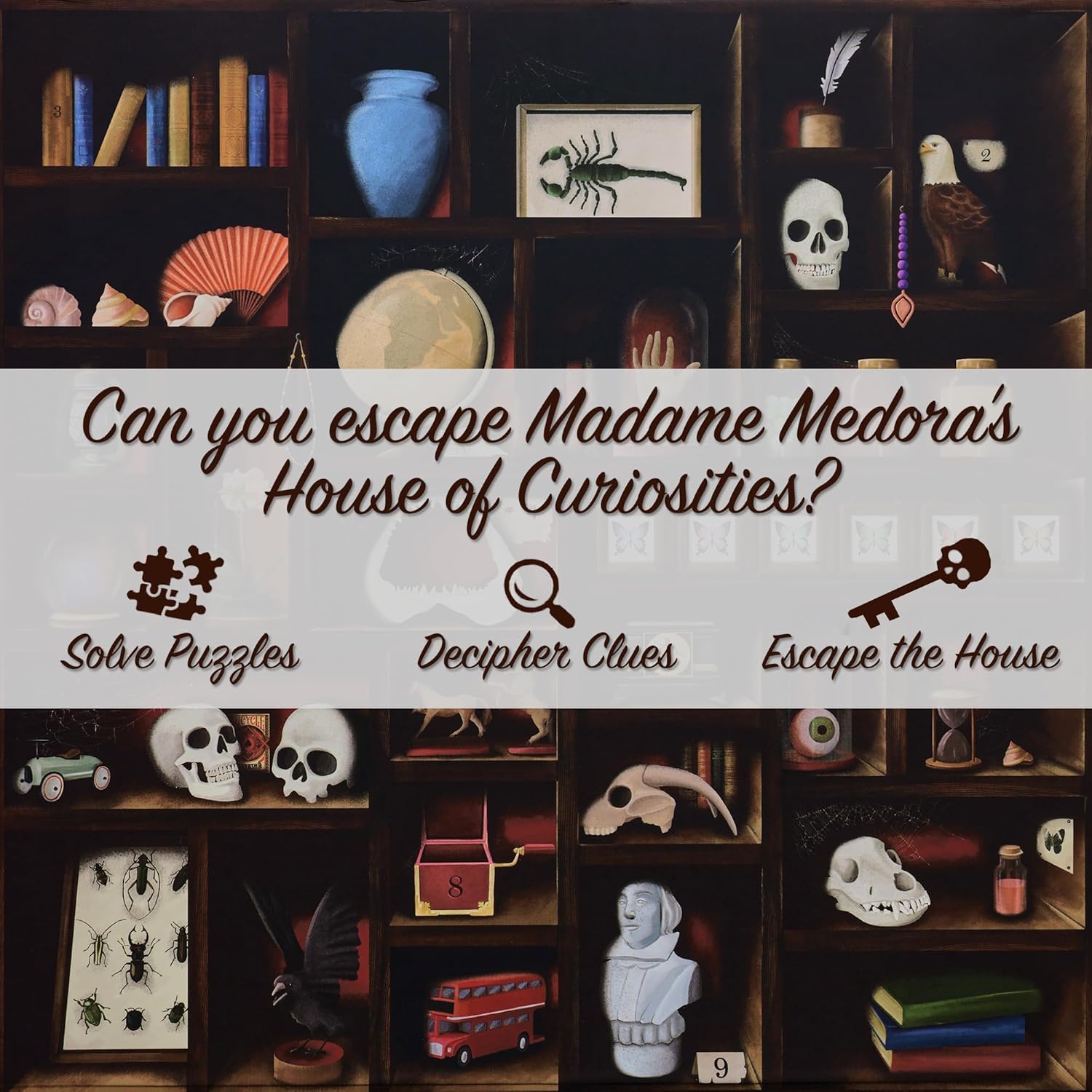 Madame Medora's House of Curiosities: Engaging Ghost-Themed Mystery Solving Game Kit for Adults. Cryptic Puzzle Files for Families, Friends, Immersive Date Night