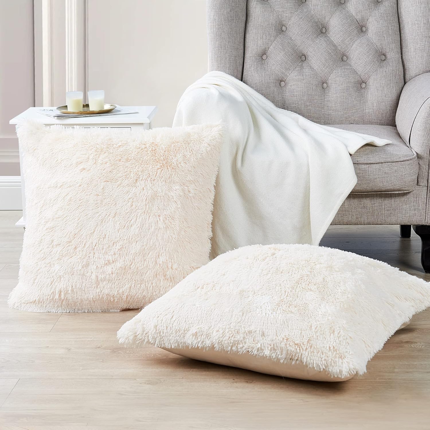 Shaggy Furry Fluffy Faux Fur Decorative Euro Throw Pillow Covers 26 x 26 Inches Set of 2, Plush Soft Luxury Cushion Case Pillowcase for Couch Bed Car Bedroom Living Room, Cream