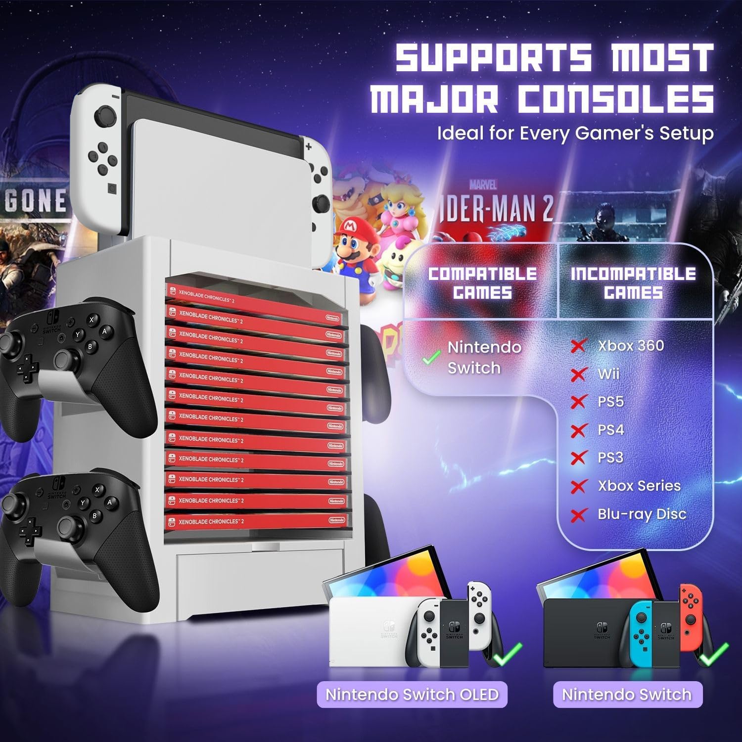 TNP Switch Organizer Station, 10-Game Storage Tower, Dock Holder, White | Rigid Abs Stand Stores 10 Game Cases, 2 Controllers and 2 Joy-Con Grips, Plus An Accessory Drawer for Compact Storage