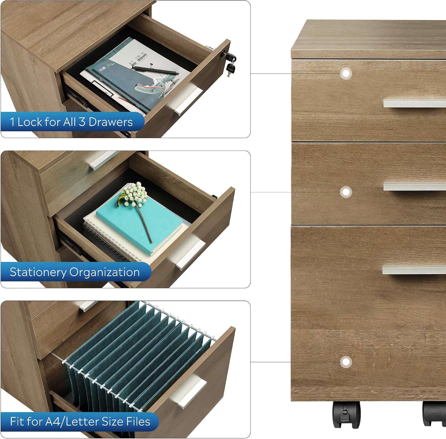 DEVAISE 3 Drawer Mobile File Cabinet with Lock, Wood Filing Cabinet for A4 or Letter Size, Fully Assembled Except Handles and Wheels, Grey Oak