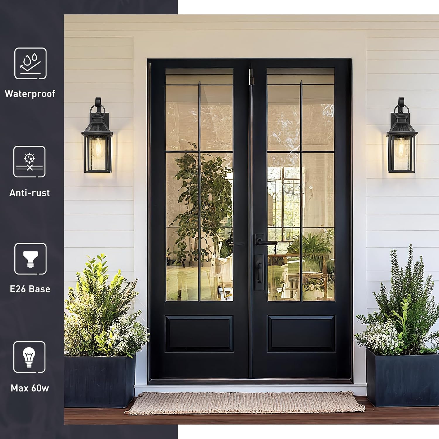 zeyu Outdoor Wall Mount Light Sconce, 16.3 Inch Farmhouse Exterior Wall Light for Garage in Black Finish, Die-Cast Aluminum with Seeded Glass Shade, ZW114B BK