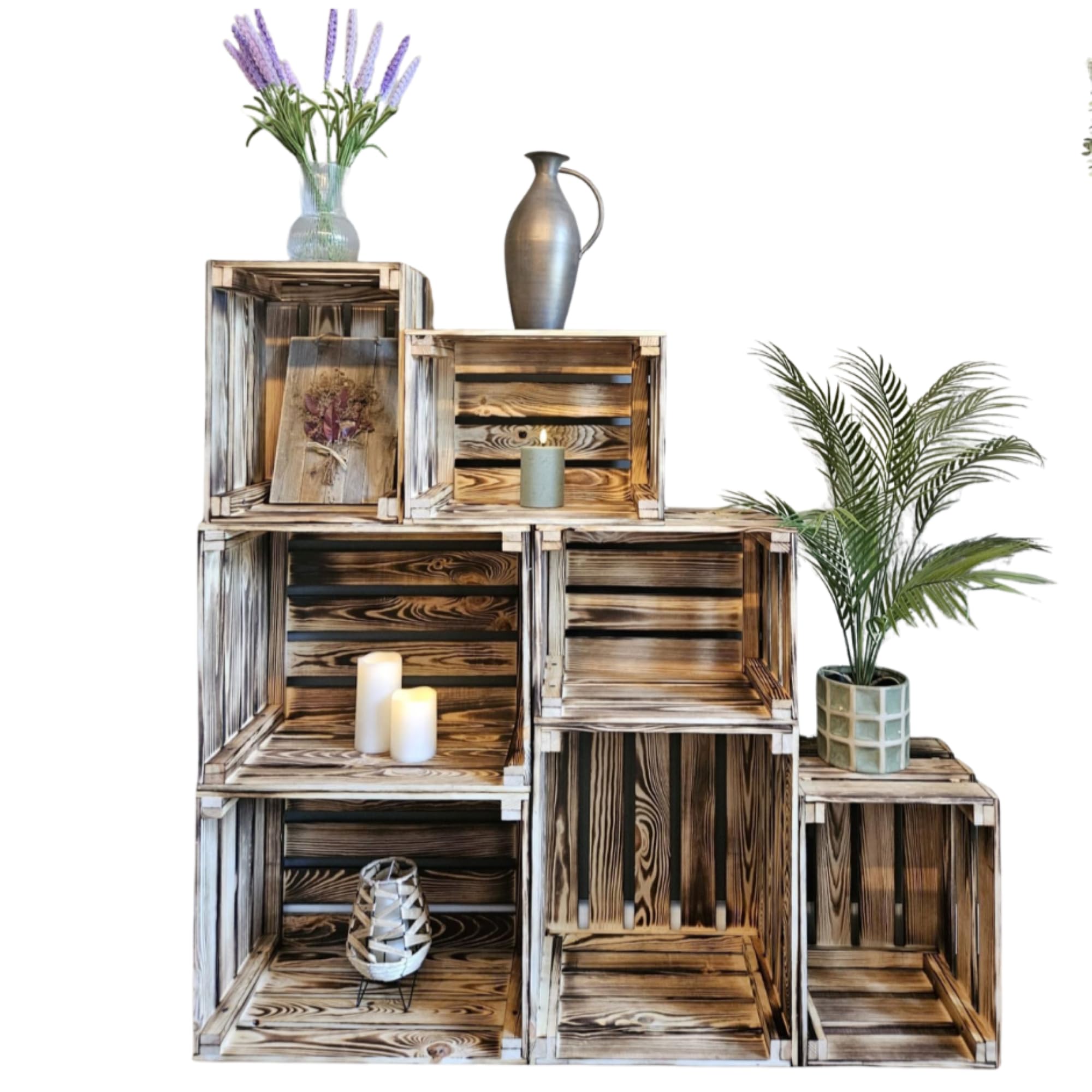 7-er Set Vintage Holzkisten Geflammt – 50x40x30 cm (3 Stück) & 40x30x25 (4 Stück) cm – Weinkisten & Obstkisten im Used-Look – Dekokisten & Regale – Holzboxen als Möbel & Aufbewahrung – Rustikale Deko