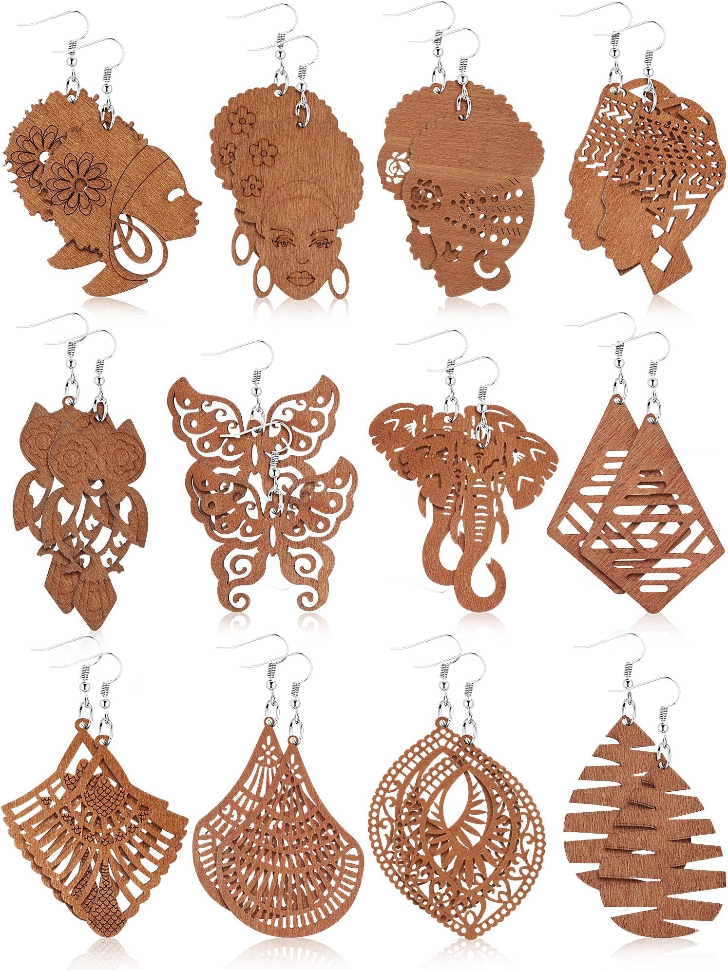 12 Pairs African Earrings Wooden Boho Drop Earrings Bohemian Pendant Dangle Earrings Lightweight Ethnic Style Wood Earrings for Women