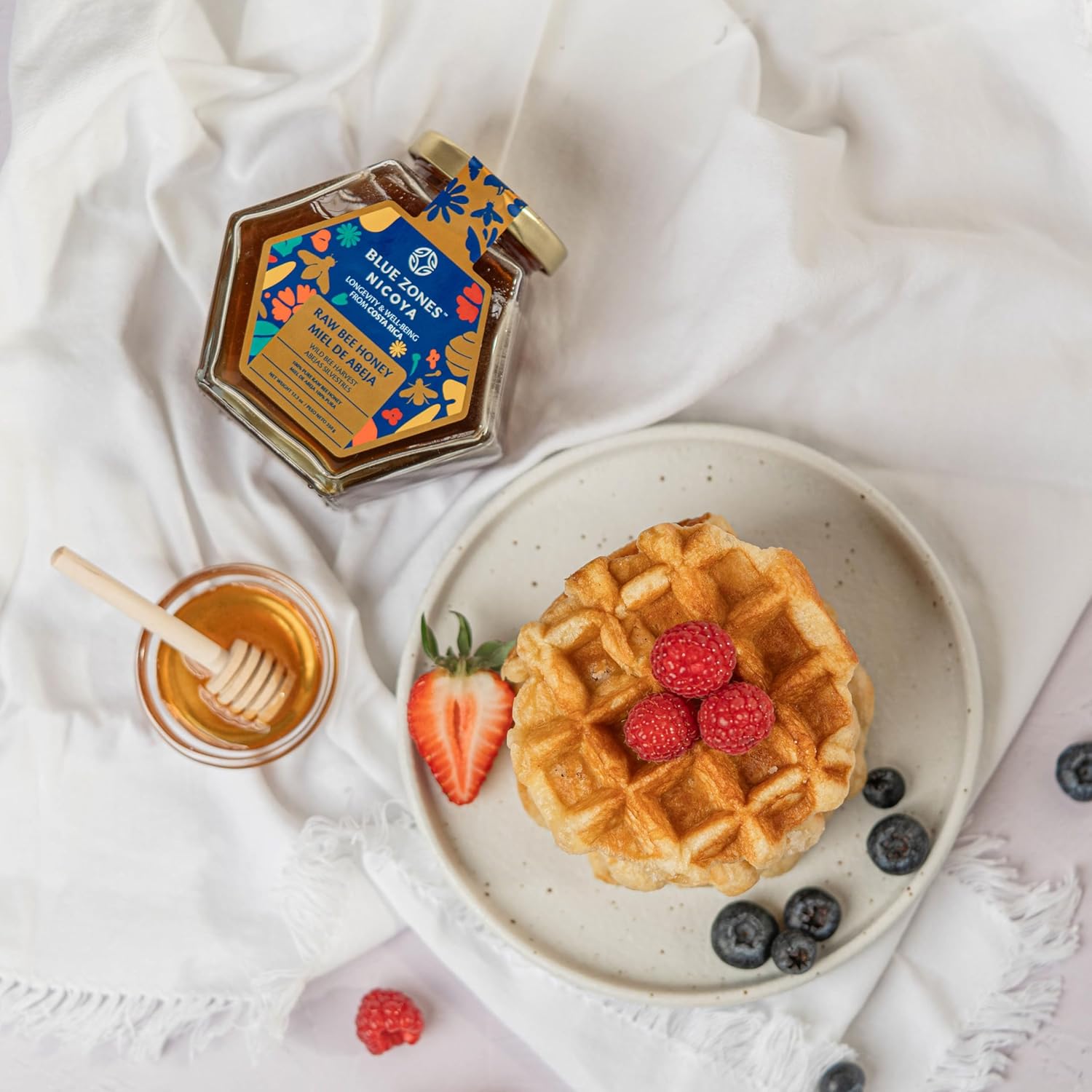 Blue Zones Nicoya - Raw Bee Honey with Box and Wood Dipper 100% Natural Gluten Free Honey - from Peninsula of Nicoya in Costa Rica - Multifloral, Tropical Dry Forest - Wild Bee, 12.3 Ounce (350g)