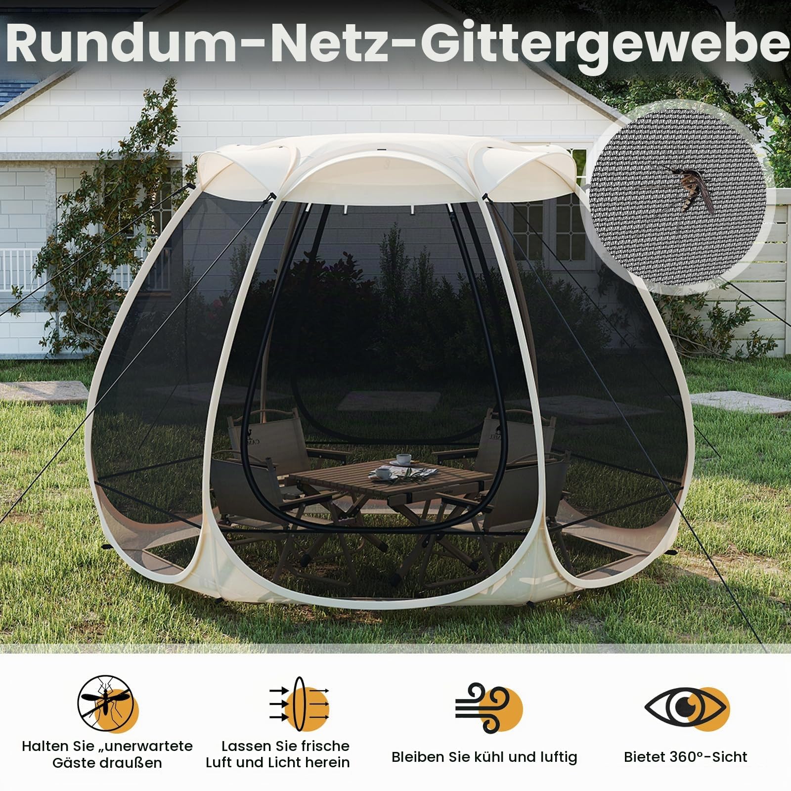 FANTASK Pop-Up-Zelt, faltbares Pavillon mit Rundum-Mesh & Tragetasche & Sonnendach, Sonnenschutzzelt für 4–6 Personen, Campingzelt Screen House für Garten, Terrasse, Hinterhof