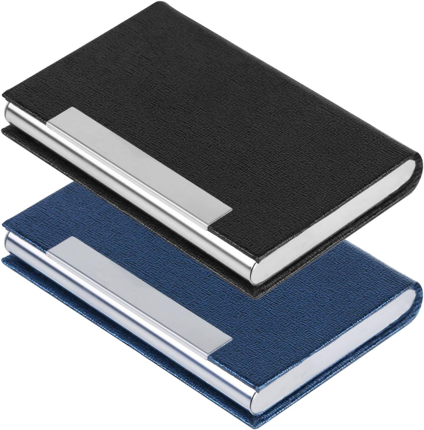 2 PCS Business Name Card Case, SENHAI PU Leather and Stainless Steel ID Card Holder for Men and Women with Magnetic Shut, Keep Cards Clean (Black, Blue)