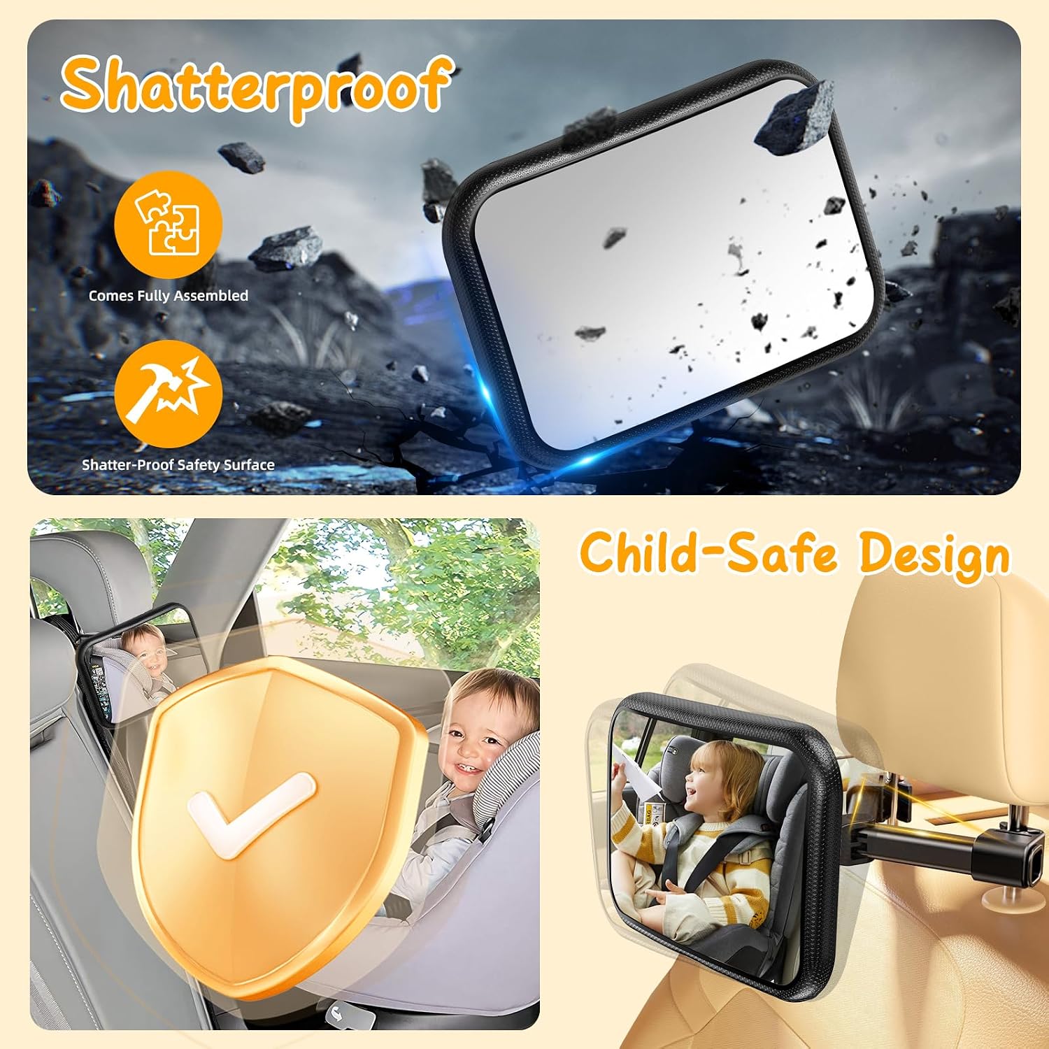 Car Mirror for Baby, Safety Car Seat Mirror for Baby Rear Facing with Clear Vision, Upgraded Hook Clip Design, 360 Rotation, Wide Crystal View, Shatterproof Crash Tested and Certified