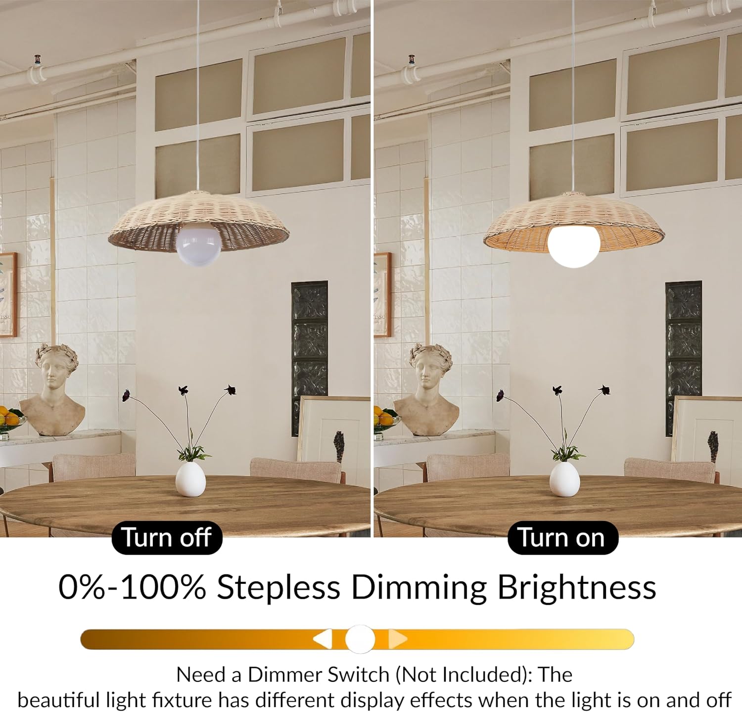Rattan Pendant Light for Dining Room, 19.7" Farmhouse Chandelier Woven Rattan Dome Pendant Lampshade, Hand-Woven Rattan Chandelier for Living Room, Bedroom, Dining Table