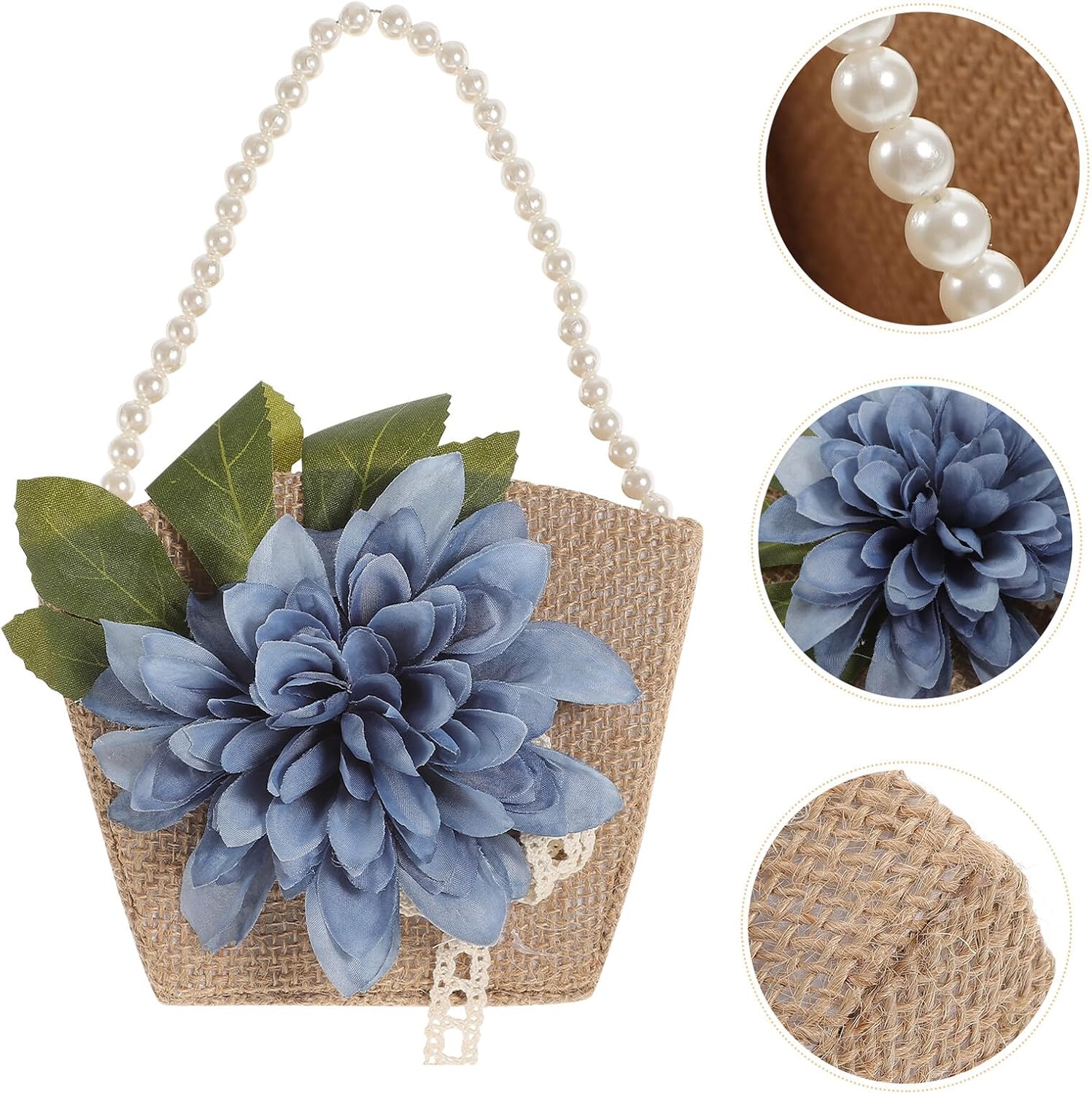 Flower Girl Basket with Pearl Handle 1pcs Blue Linen Daisy Basket for Wedding Ceremony Bride and Bridesmaid