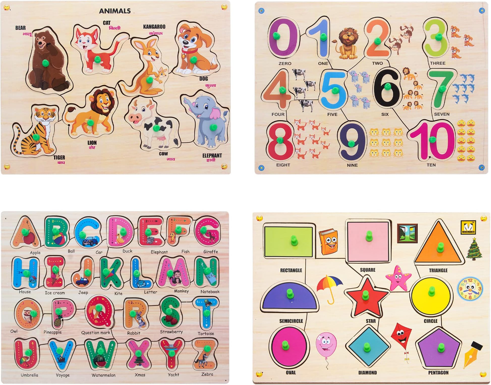 MINDMAKER - Wooden Puzzle with Knobs Educational and Learning Toy for Kids (Animal, Number, Alphabet & Shapes)