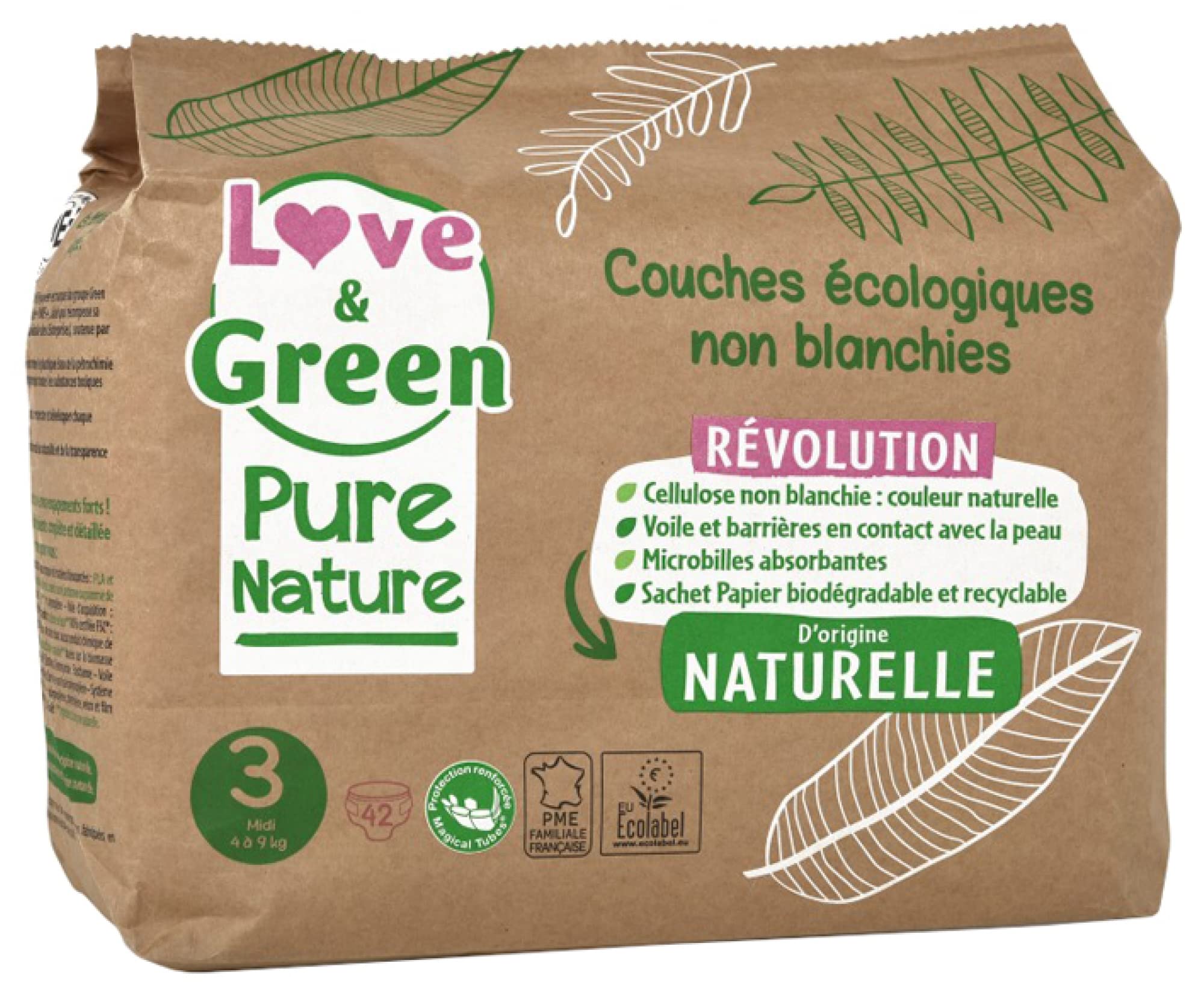 Love & Green Organic Diapers Pure Nature 42 Diapers Size 3 Midi (4 to 9kg)
