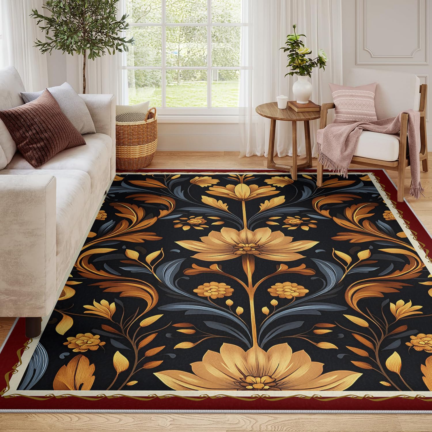 Dywaniki w stylu vintage, kwiatowe, 120 x 160 cm, miękki, maksymalizm, boho, kwiaty, rośliny, rustykalne, można prać w pralce, dywan z niskim runem do pokoju zabaw jadalni