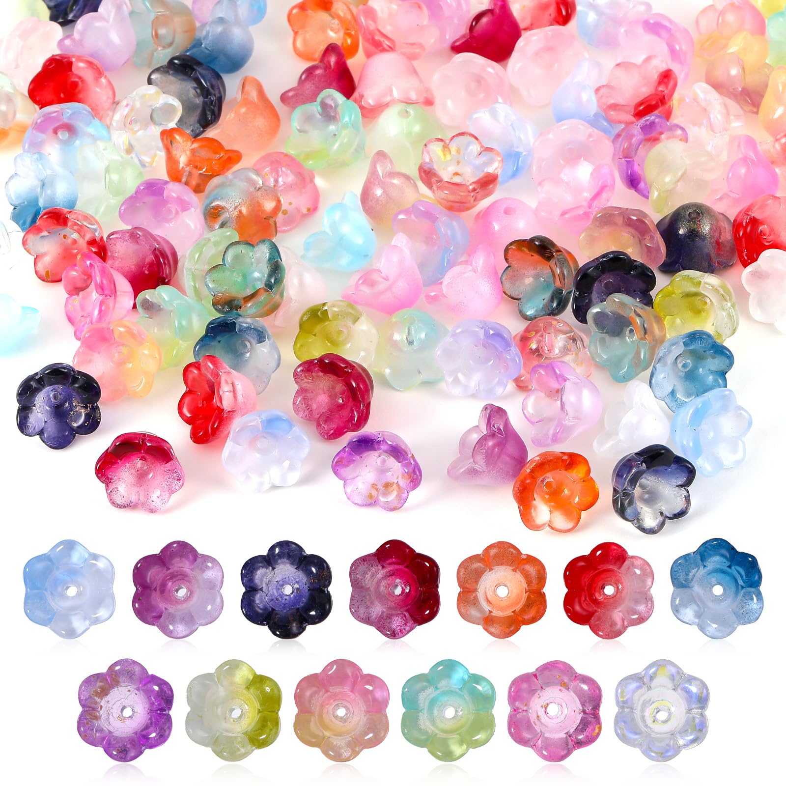 Photo 1 of 100 PCS Glass Flower Beads for Crafts, Colorful Bell Flower Beads with Hole for Bracelets Necklaces Earrings Beading Project