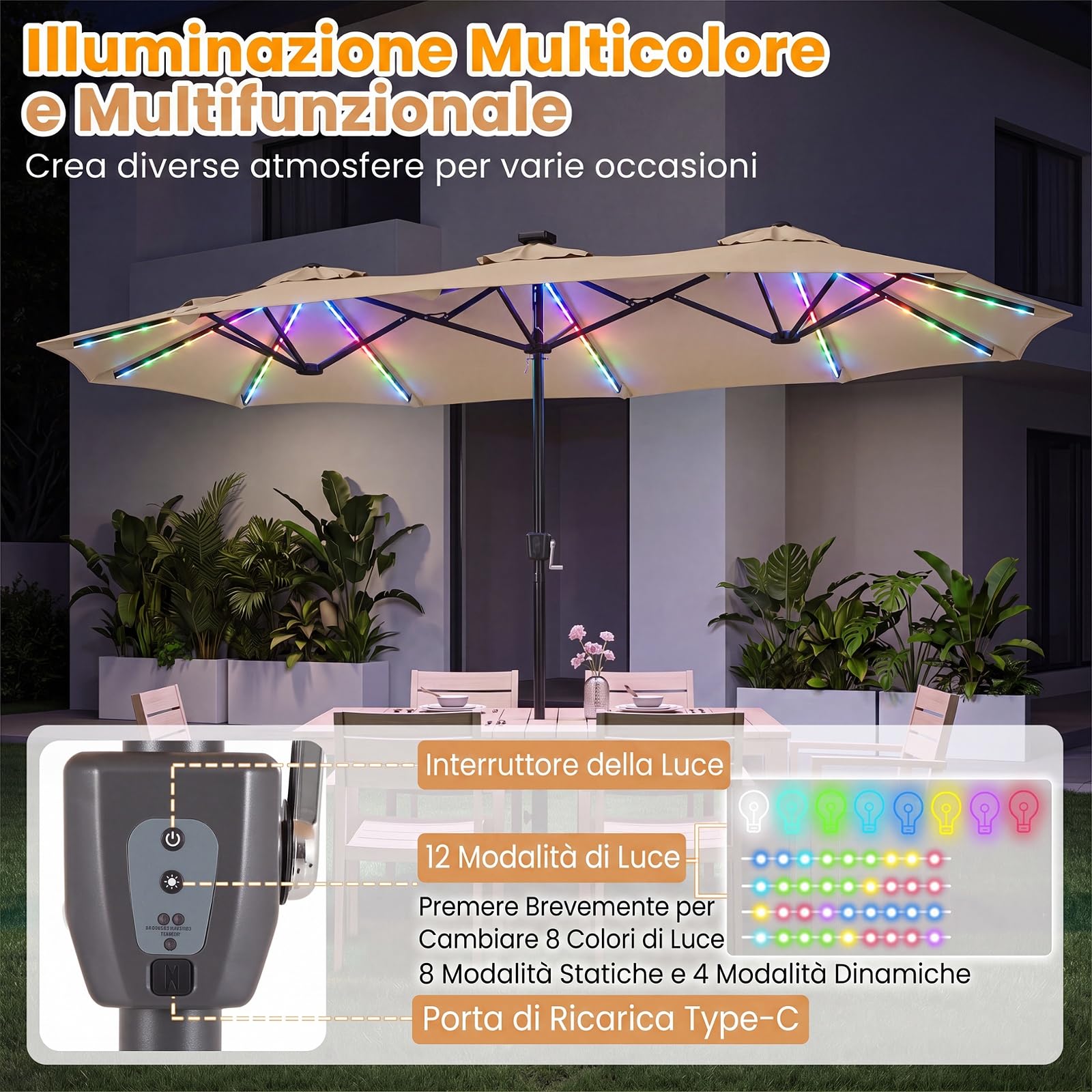 COSTWAY Ombrellone da Giardino Doppio 370 x 220 cm, con 12 Stecche, 108 Luci LED Solari, 12 Modalità, 3 Prese d'Aria, Manovella e Base, Anti-UV, per Spiaggia, Piscina e Cortile