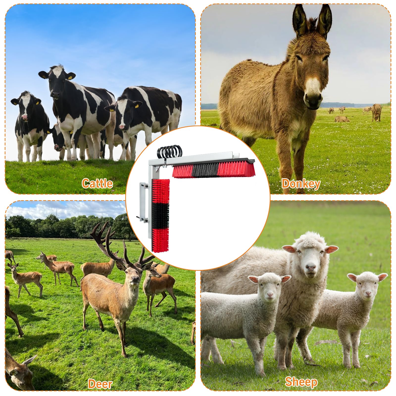 Cepillo para rascar ganado con soporte de hierro de resorte, cepillo para rascar la espalda de animales, incluye 4 cepillos de cabra, 4 soportes y accesorios para vaca, ganado, ovejas, caballos