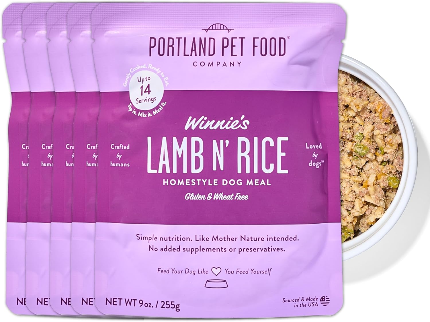 Portland Pet Food Company Winnie's Lamb N Rice Fresh Dog Food Pouches, Pet Meal Topper Mixers & Meals - Large & Small Breed Puppy & Senior Dogs - Human-Grade, Gluten-Free - Made in The USA - 5 Pack