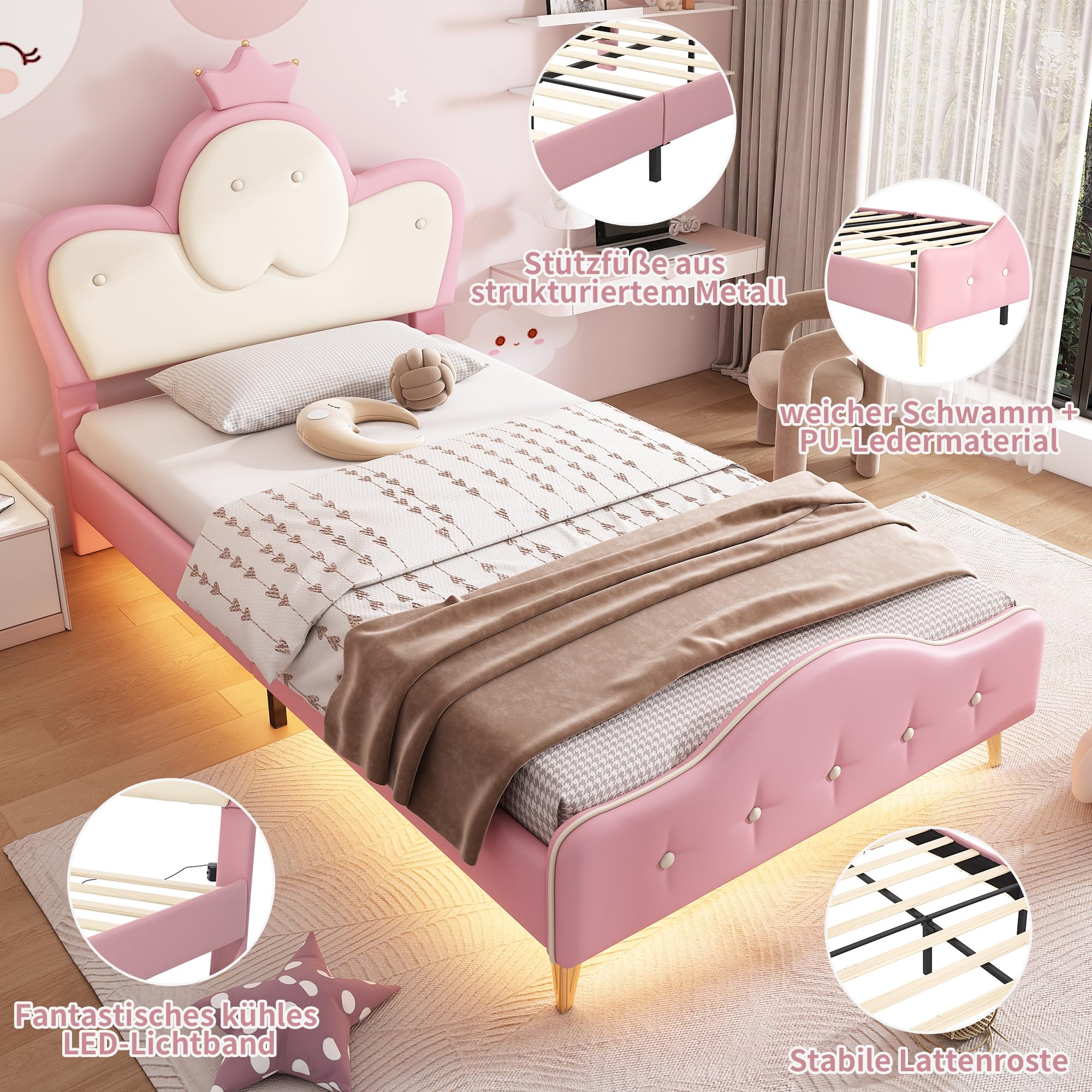 Merax Kinderbett Polsterbett 90x200cm mit LED-Streifen, Mädchen Einzelbett, Kopfteil in Wellenform mit Krone, Bettgestell mit Lattenrost und Fußteil, Jugendbett, PU, ohne Matratze, Rosa & Weiß