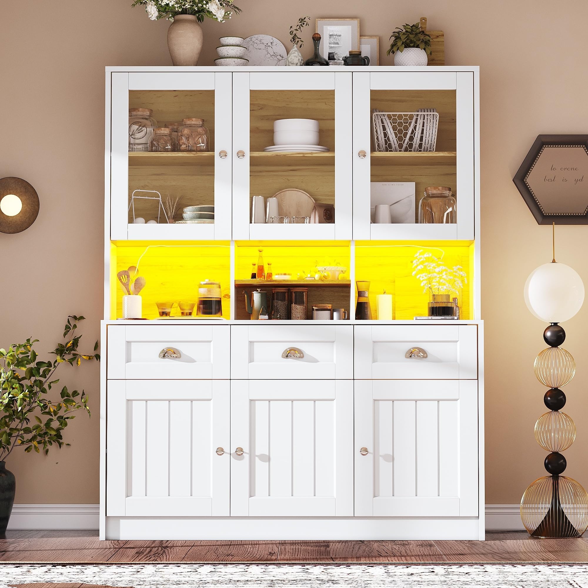 LAKFEW Armario Cocina con Iluminación LED y Dispositivo Antivuelco, Alacena de Cocina con 6 Puertas y 3 Cajones, Aparador, Armario Despensa Cocina con Estante Ajustable, 140x40x175 cm, Blanco