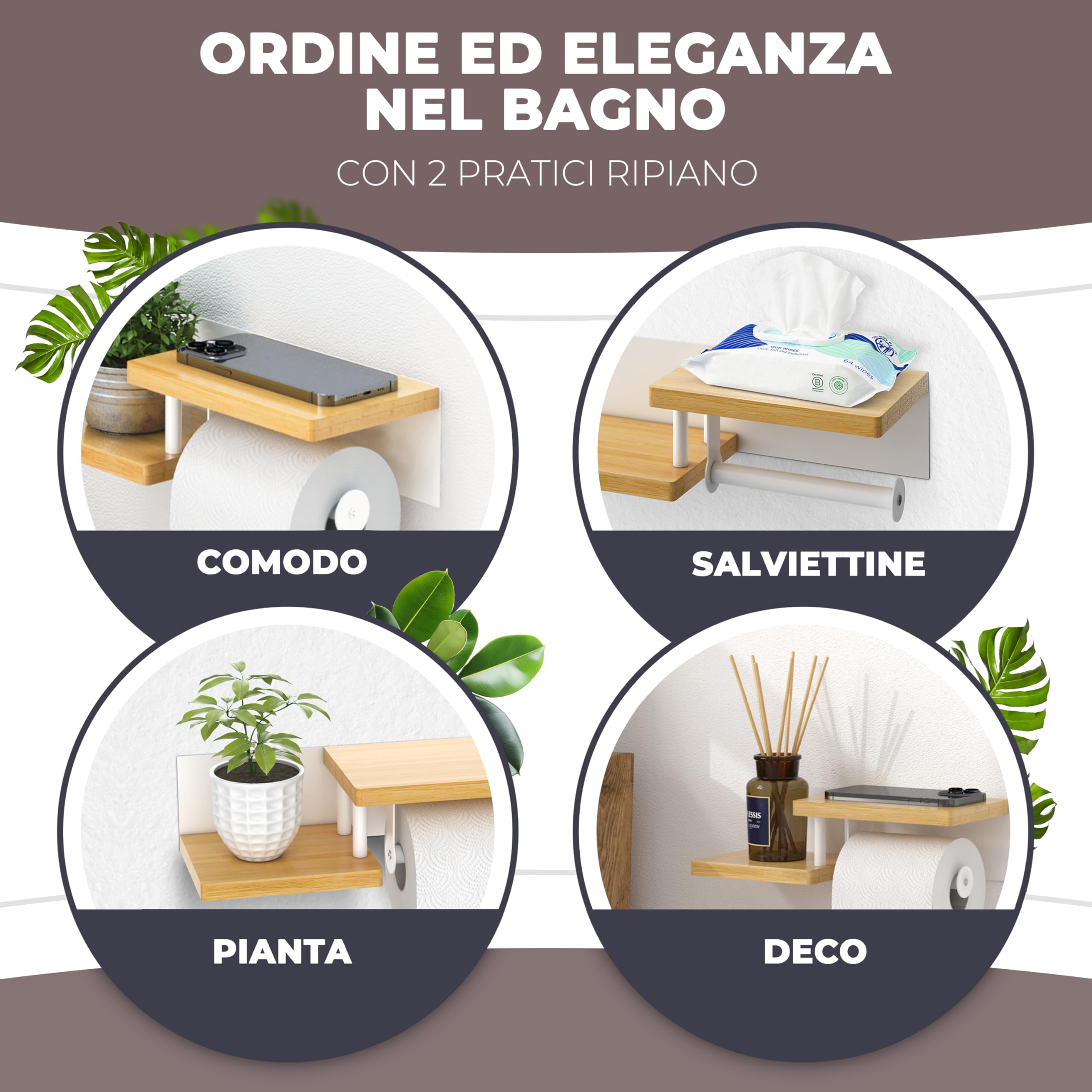 ElbFuchs® Porta carta igienica legno [ADESIVO o FORARE] Bianco | Portarotolo carta igienica adesivo con ripiano | Portacartaigienica bagno senza foratura | Porta carta igienica da muro |