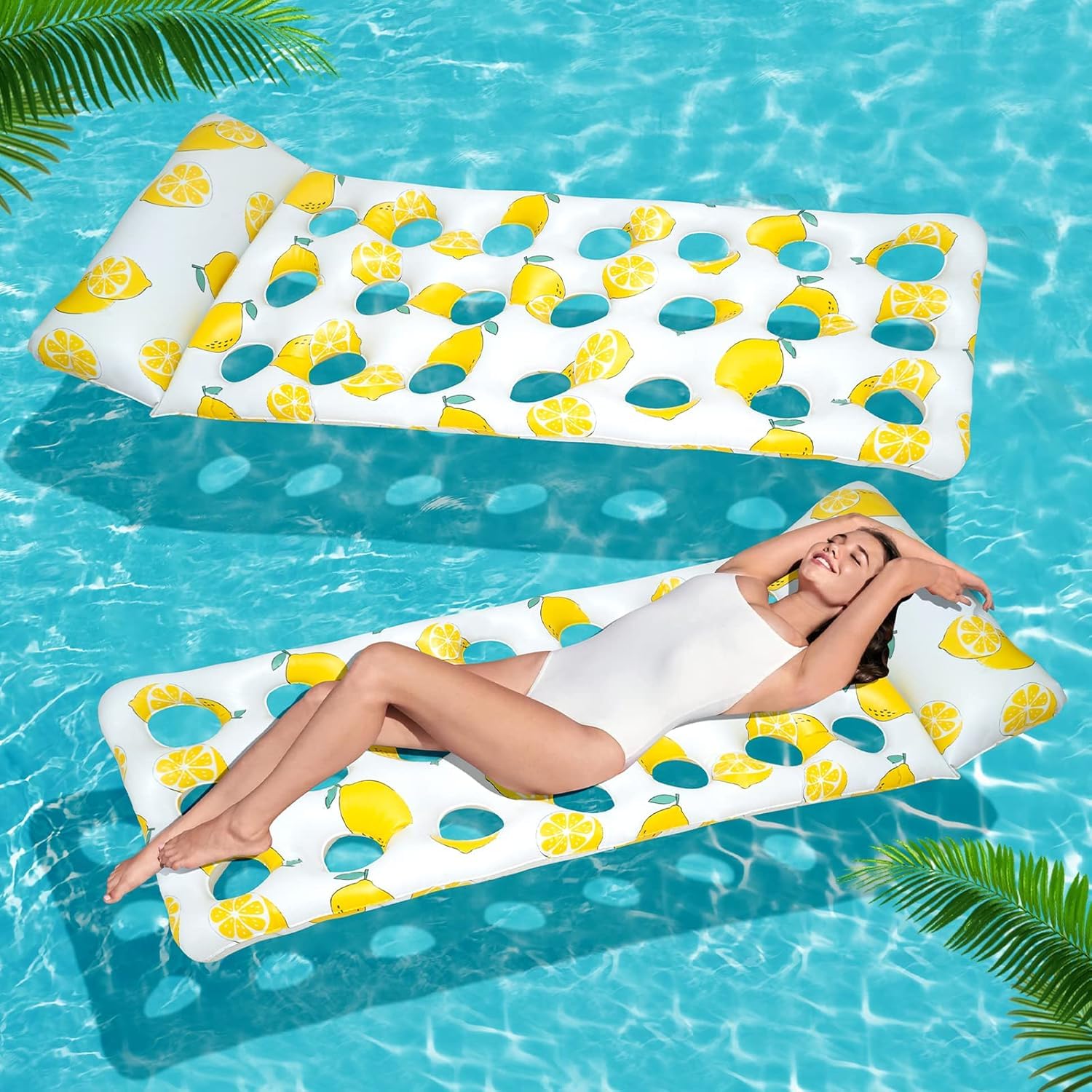 Jukusa Inflatable Lounger for Adults & Kids, Stylish Citrus Design with Cooling Hole, Floating Air Mattress for Swimming Pool, Beach & Summer Relaxation, Yellow 3