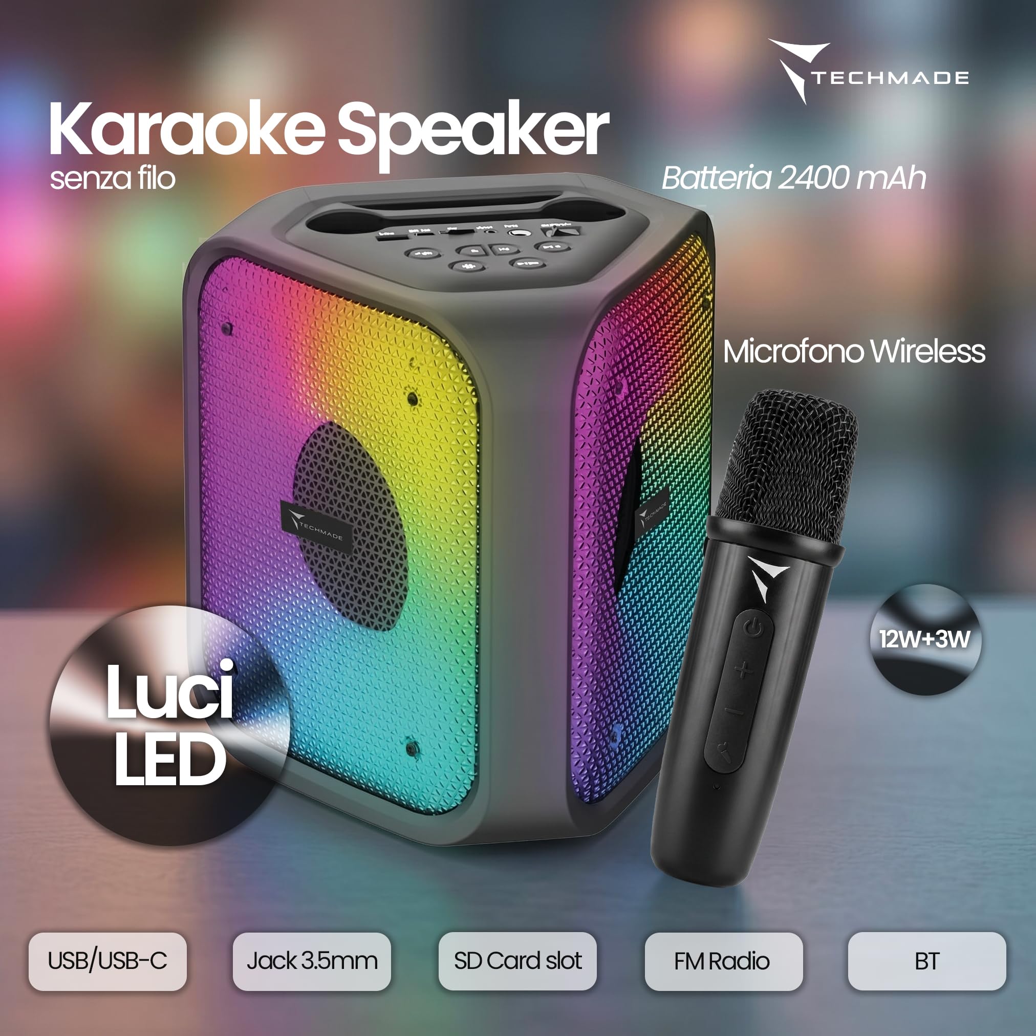Techmade Speaker Bluetooth Karaoke con Microfono - 15W Portatile, Sistema 2 in 1 - Luci LED RGB - Connessione con BT 5.4, USB, Micro SD e AUX - Radio FM Integrata - Batteria 2400mAh